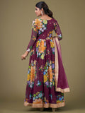 Alluring Purple Floral Printed Georgette Events Wear Gown With Dupatta - Zeel Clothing