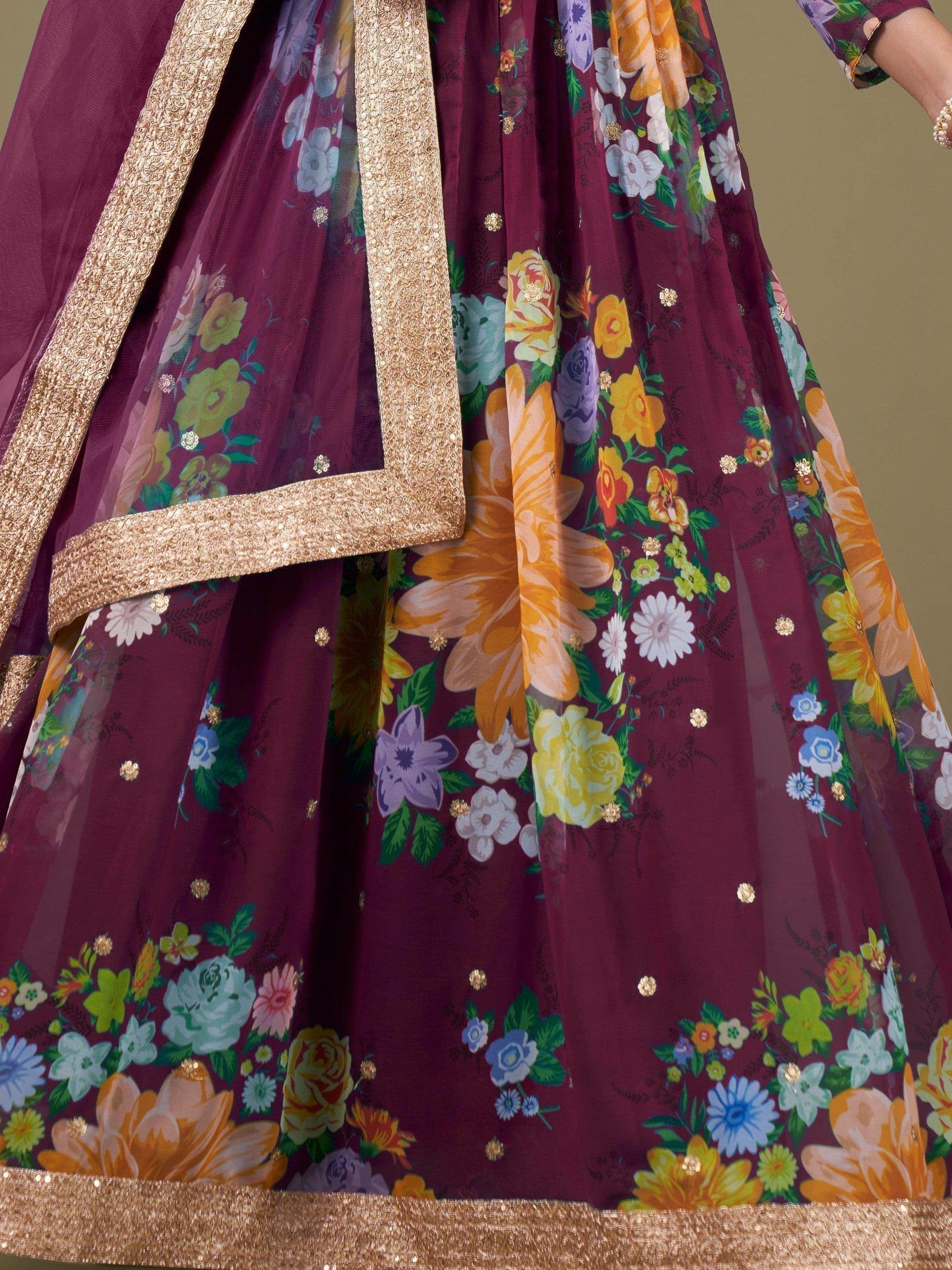 Alluring Purple Floral Printed Georgette Events Wear Gown With Dupatta - Zeel Clothing
