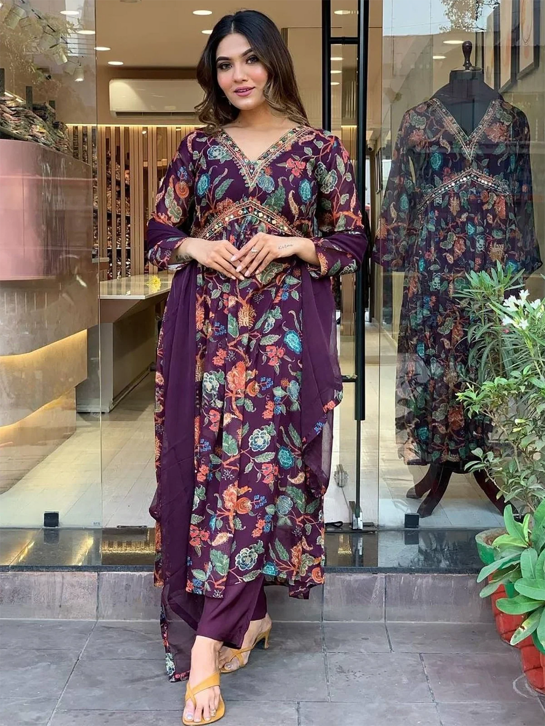 Alluring Purple Floral Printed Georgette Festival Pant Suit With Dupatta - Zeel Clothing