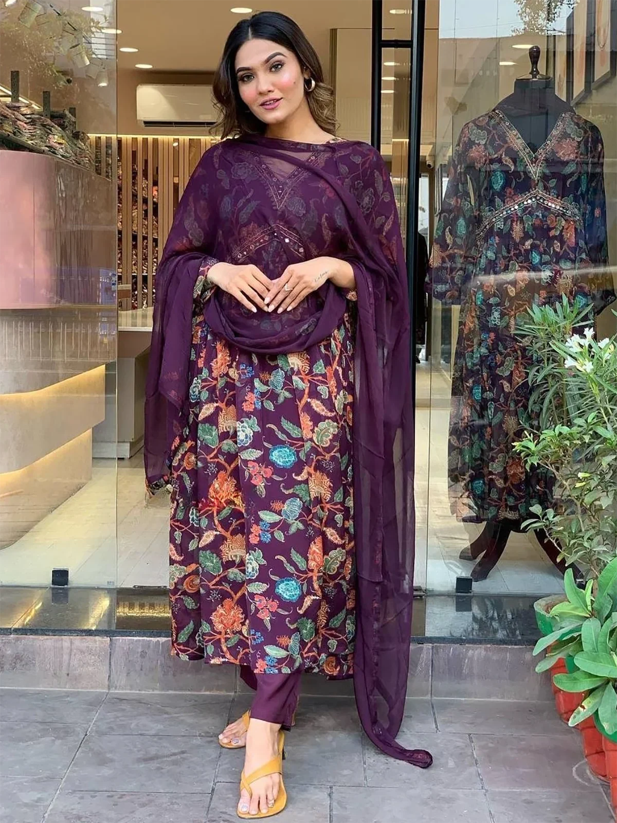 Alluring Purple Floral Printed Georgette Festival Pant Suit With Dupatta - Zeel Clothing