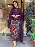 Alluring Purple Floral Printed Georgette Festival Pant Suit With Dupatta - Zeel Clothing