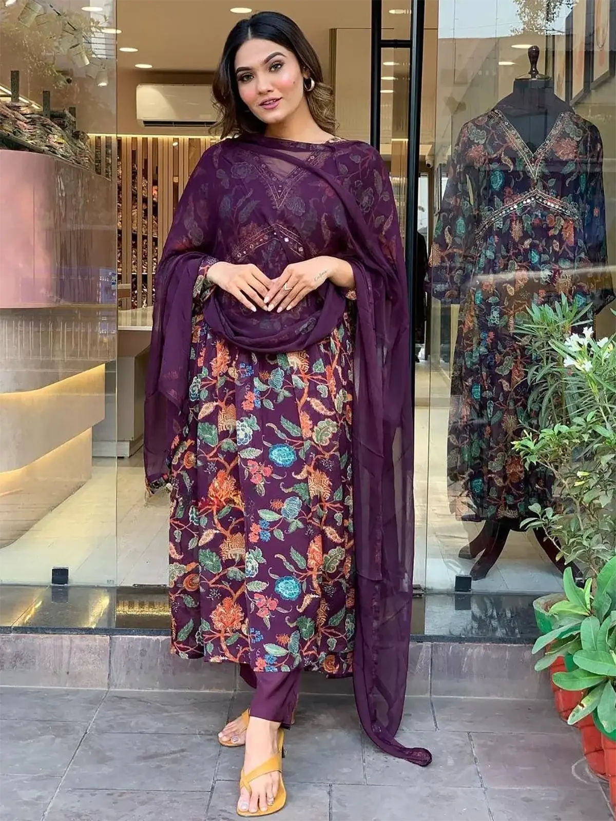 Alluring Purple Floral Printed Georgette Festival Pant Suit With Dupatta - Zeel Clothing