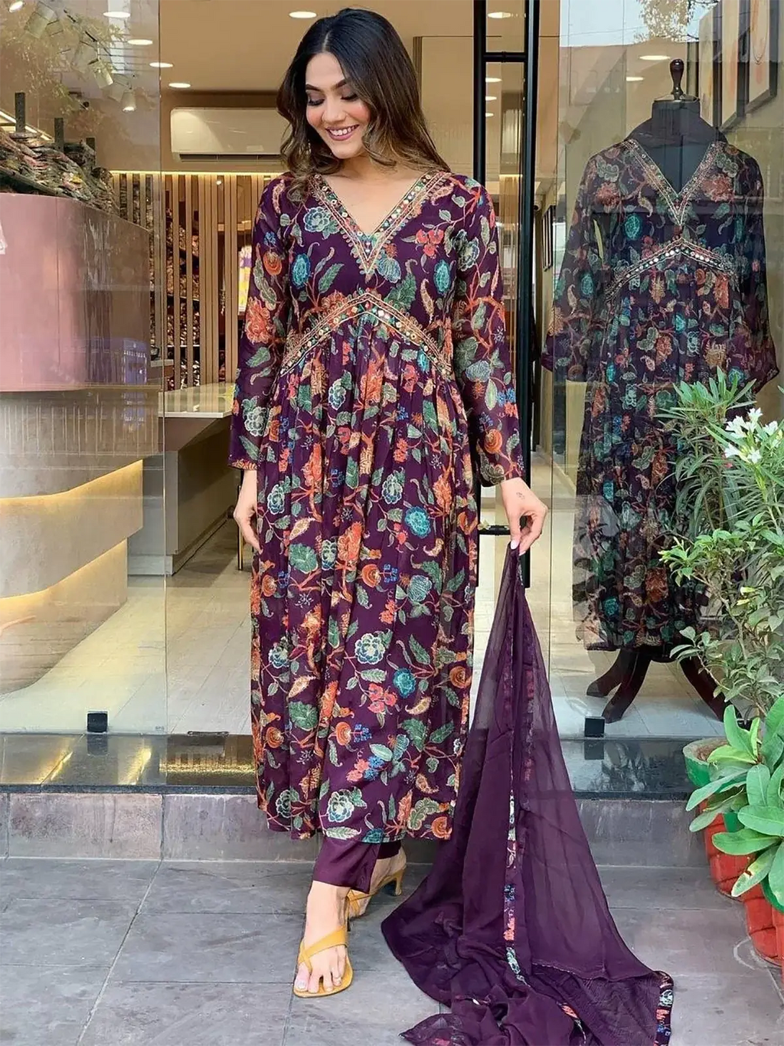 Alluring Purple Floral Printed Georgette Festival Pant Suit With Dupatta - Zeel Clothing