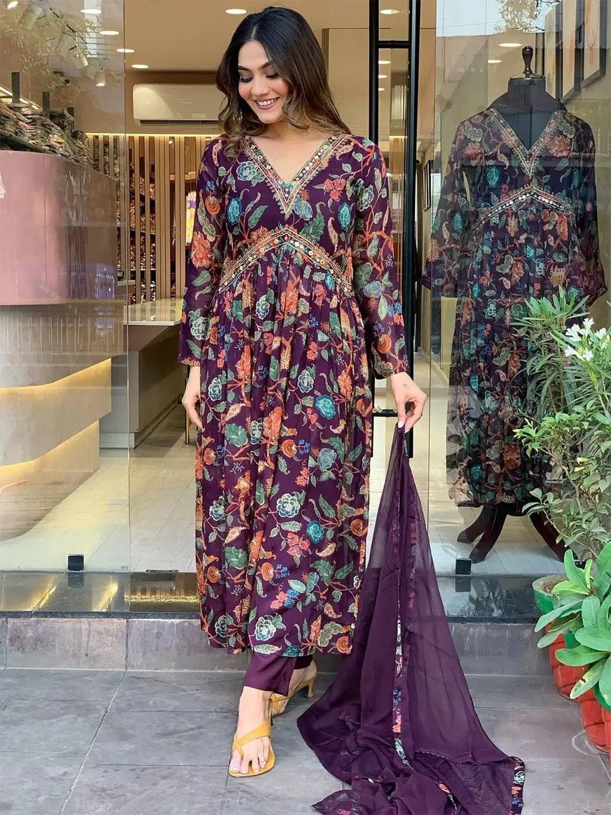 Alluring Purple Floral Printed Georgette Festival Pant Suit With Dupatta - Zeel Clothing