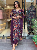 Alluring Purple Floral Printed Georgette Festival Pant Suit With Dupatta - Zeel Clothing