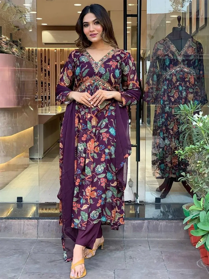 Alluring Purple Floral Printed Georgette Festival Pant Suit With Dupatta - Zeel Clothing
