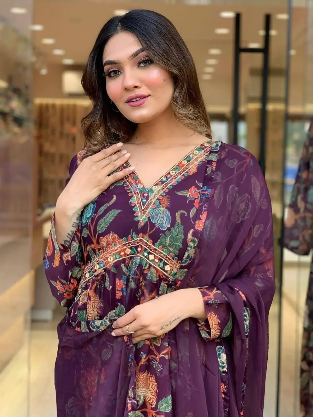 Alluring Purple Floral Printed Georgette Festival Pant Suit With Dupatta - Zeel Clothing
