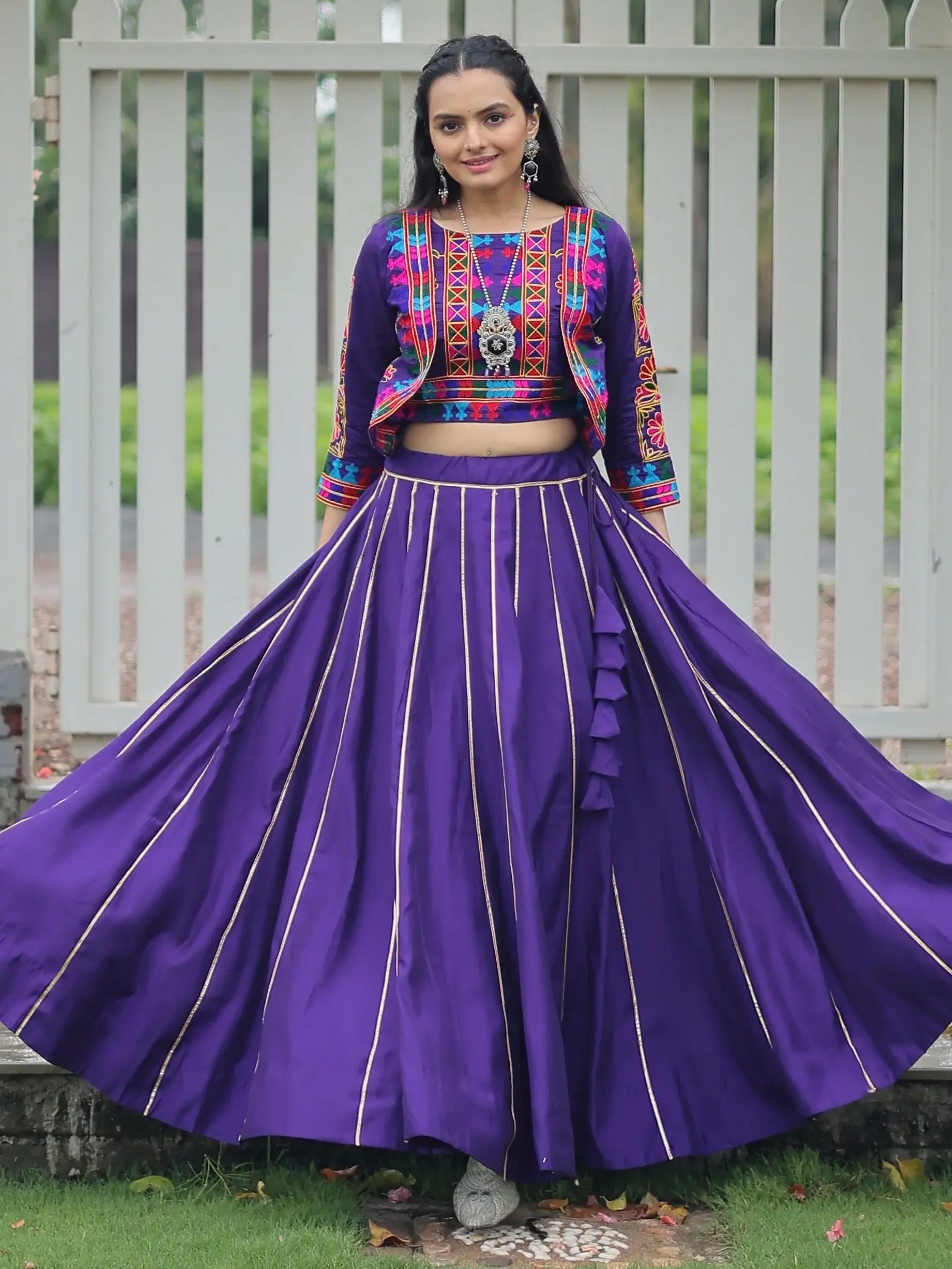 Alluring Purple Kutchi Work Silk Navratri Wear Lehenga Choli With Jacket - Zeel Clothing