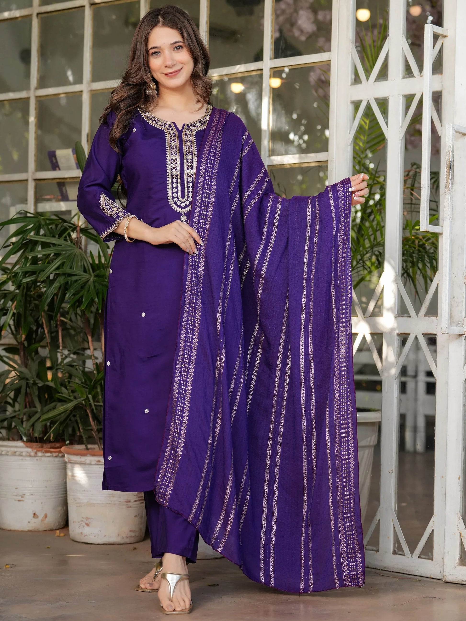 Alluring Purple Sequins Viscose Silk Straight Pant Suit With Dupatta - Zeel Clothing