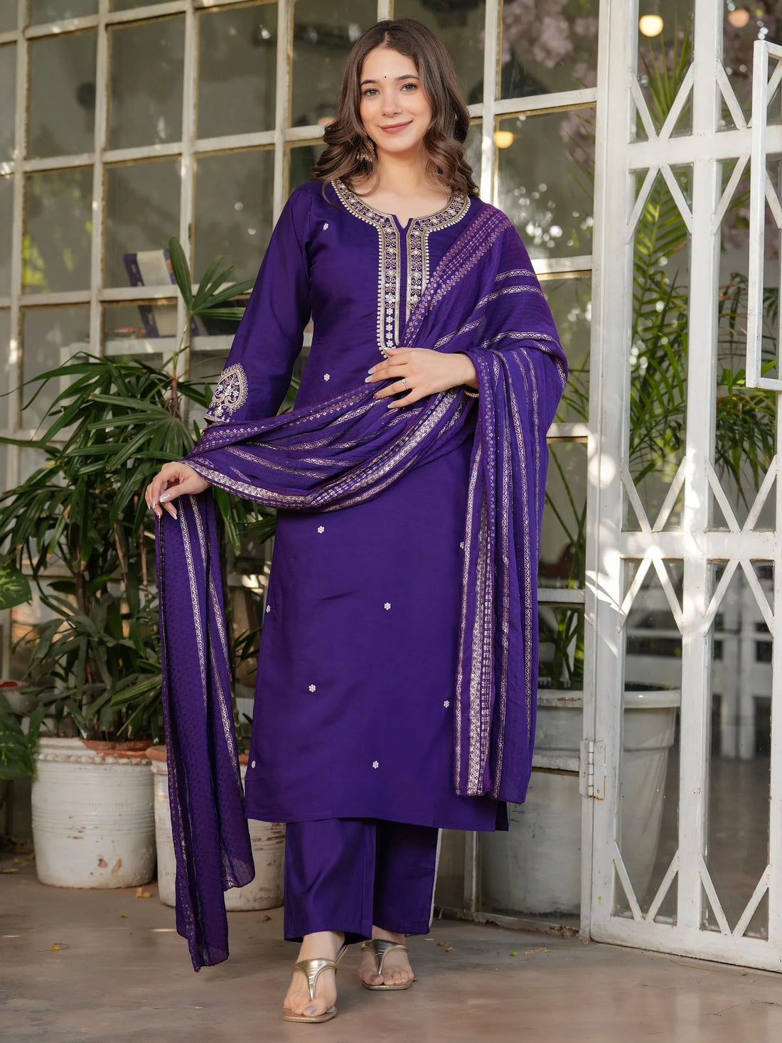 Alluring Purple Sequins Viscose Silk Straight Pant Suit With Dupatta - Zeel Clothing