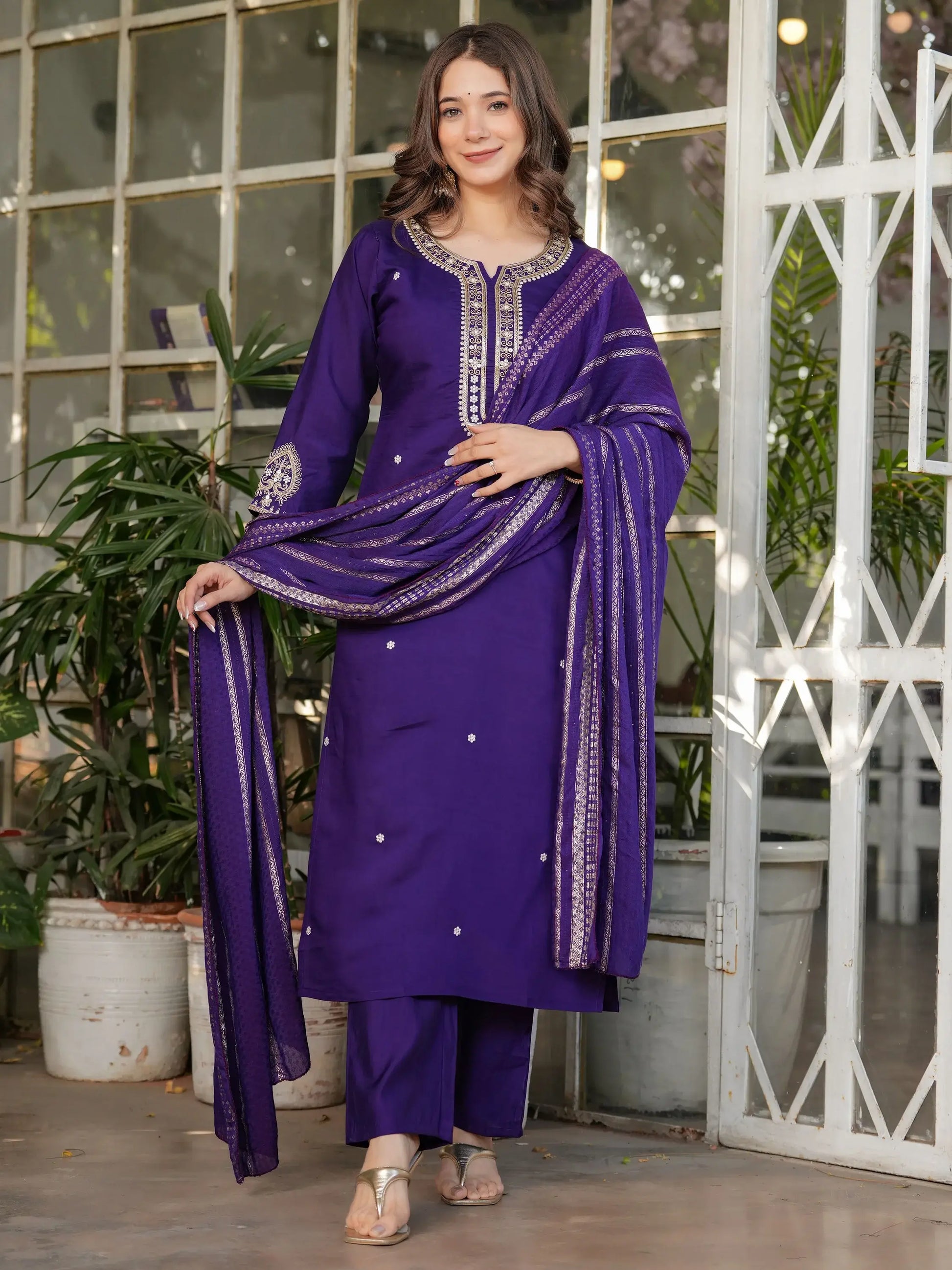 Alluring Purple Sequins Viscose Silk Straight Pant Suit With Dupatta - Zeel Clothing