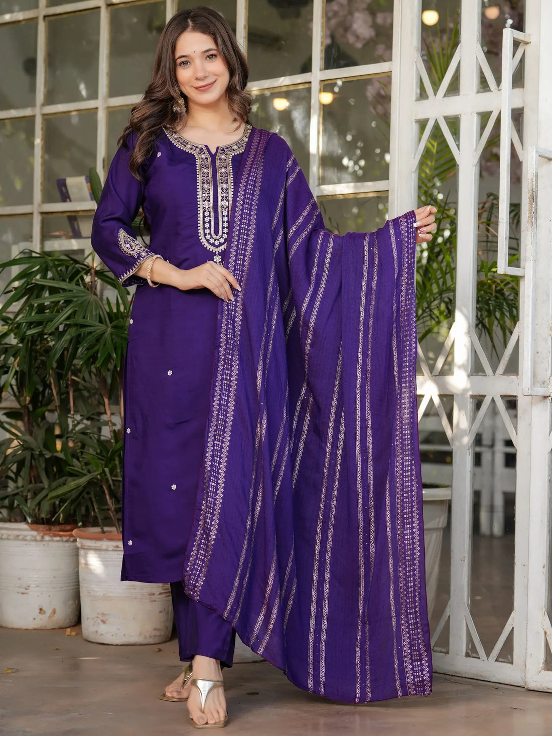 Alluring Purple Sequins Viscose Silk Straight Pant Suit With Dupatta - Zeel Clothing