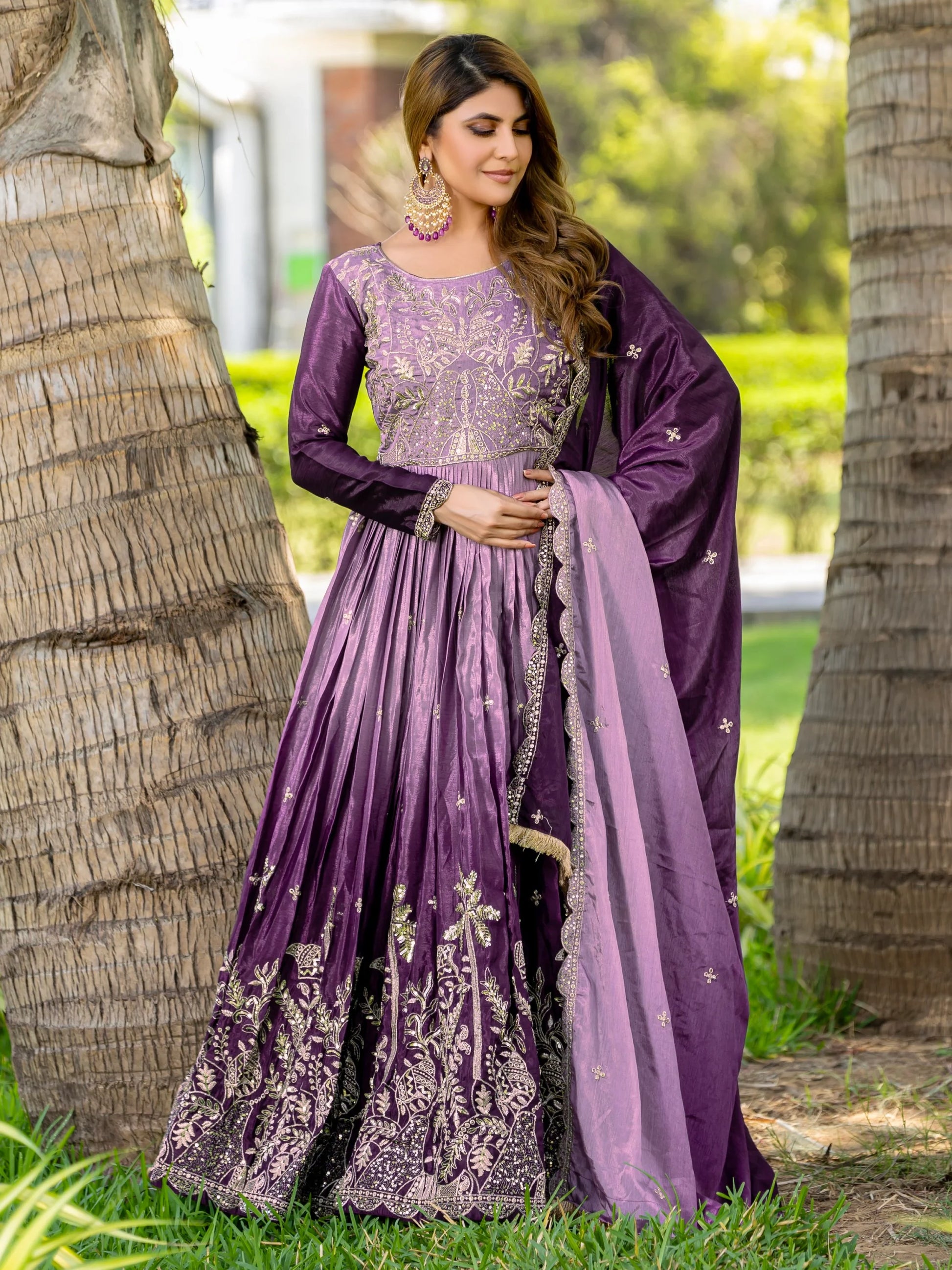 Alluring Purple Sequins Work Chinon Wedding Wear Gown With Dupatta - Zeel Clothing