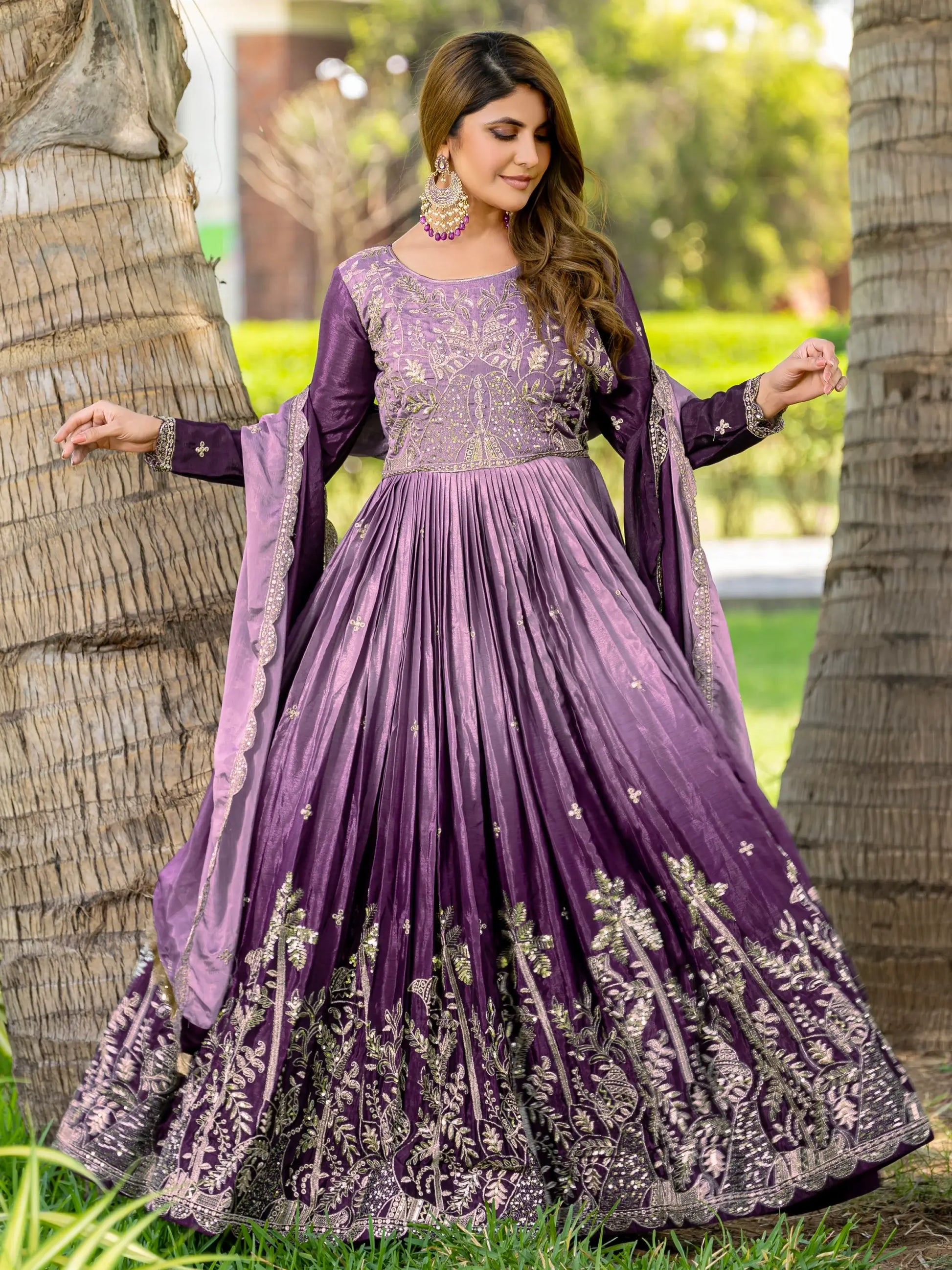 Alluring Purple Sequins Work Chinon Wedding Wear Gown With Dupatta - Zeel Clothing