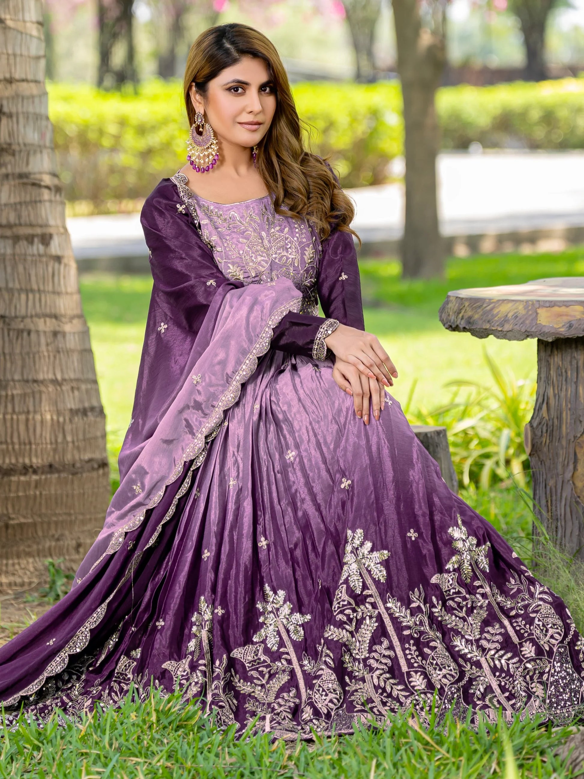 Alluring Purple Sequins Work Chinon Wedding Wear Gown With Dupatta - Zeel Clothing