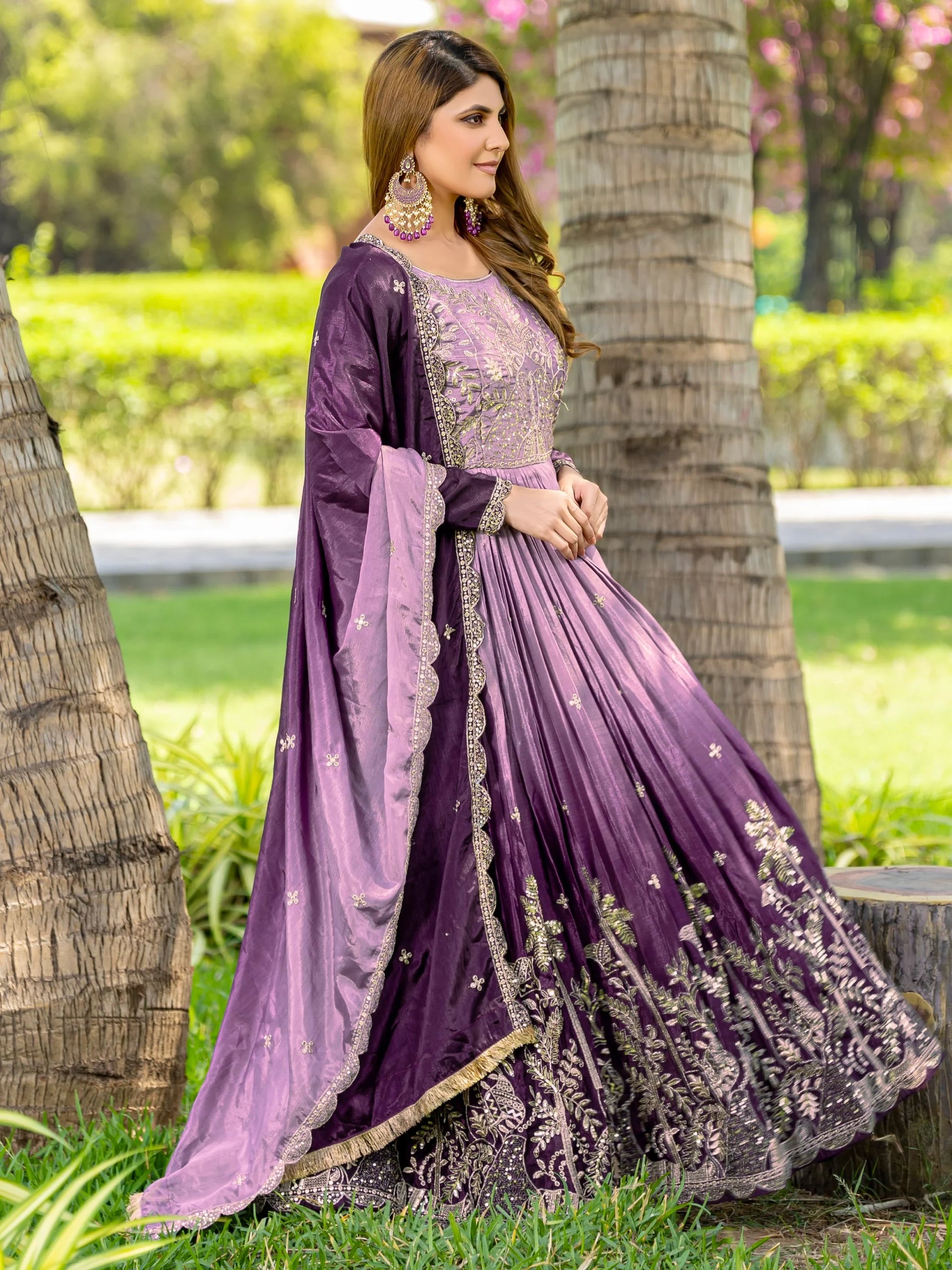 Alluring Purple Sequins Work Chinon Wedding Wear Gown With Dupatta - Zeel Clothing