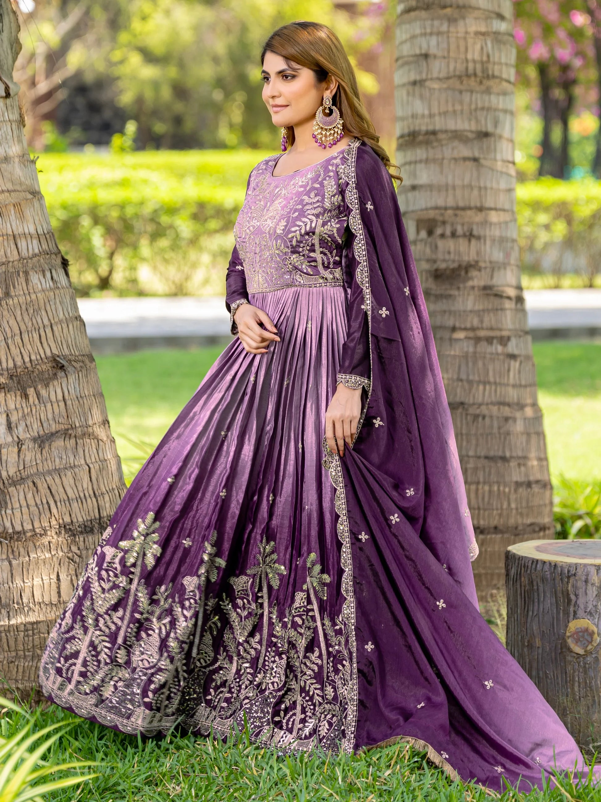 Alluring Purple Sequins Work Chinon Wedding Wear Gown With Dupatta - Zeel Clothing