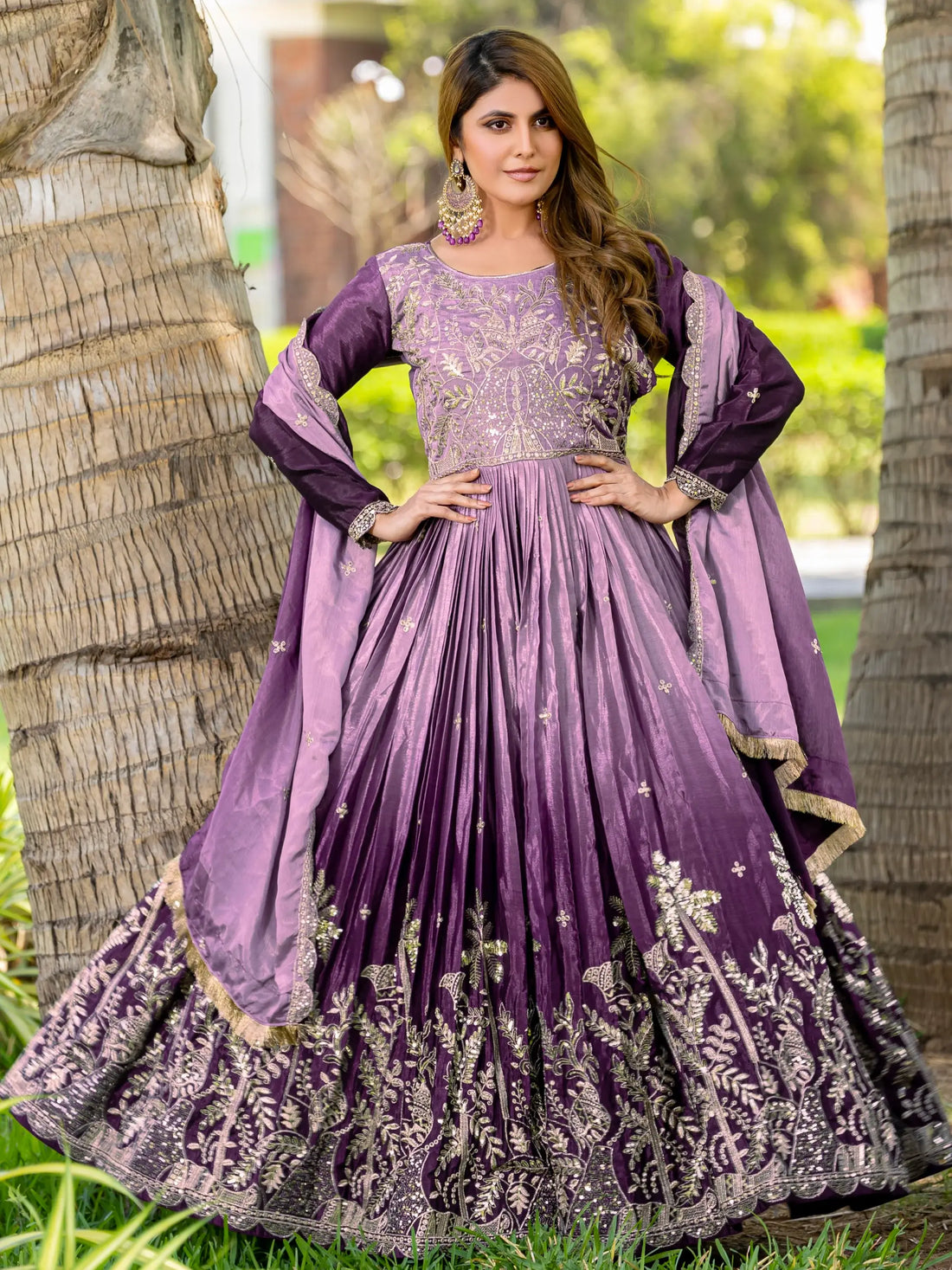 Alluring Purple Sequins Work Chinon Wedding Wear Gown With Dupatta - Zeel Clothing