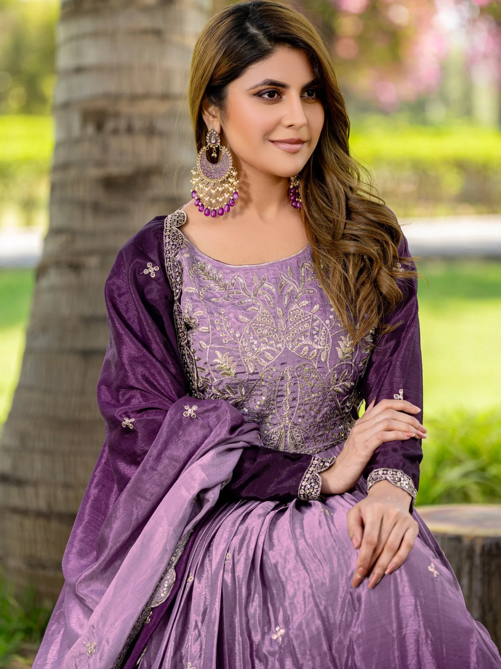 Alluring Purple Sequins Work Chinon Wedding Wear Gown With Dupatta - Zeel Clothing
