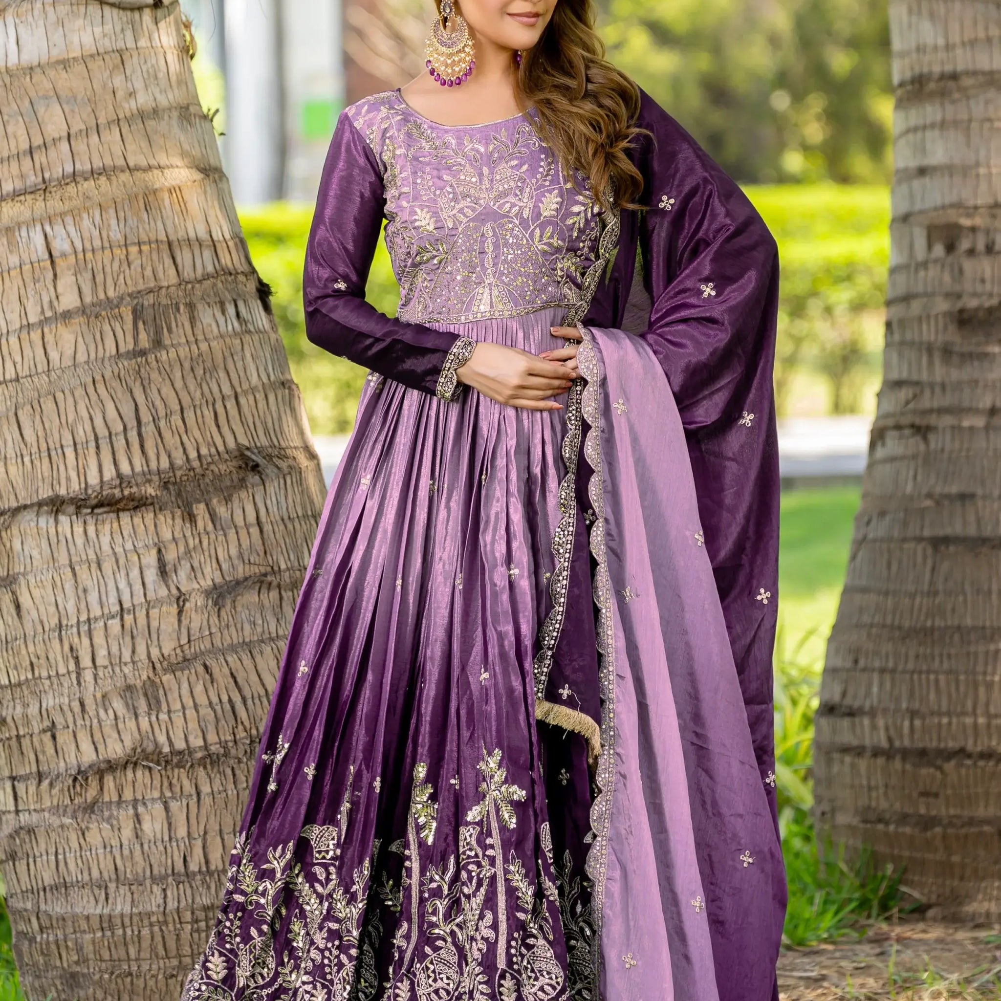 Alluring Purple Sequins Work Chinon Wedding Wear Gown With Dupatta - Zeel Clothing