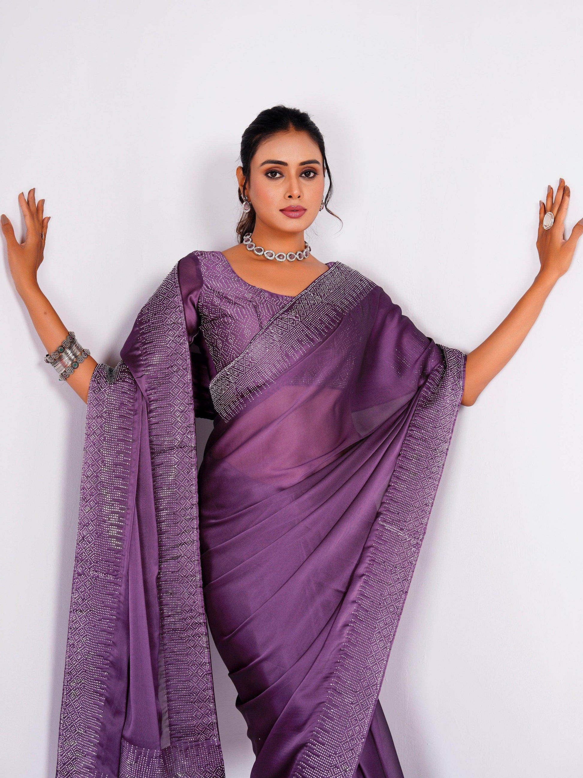 Alluring Purple Stone Work Rangoli Silk Party Wear Saree With Blouse - Zeel Clothing