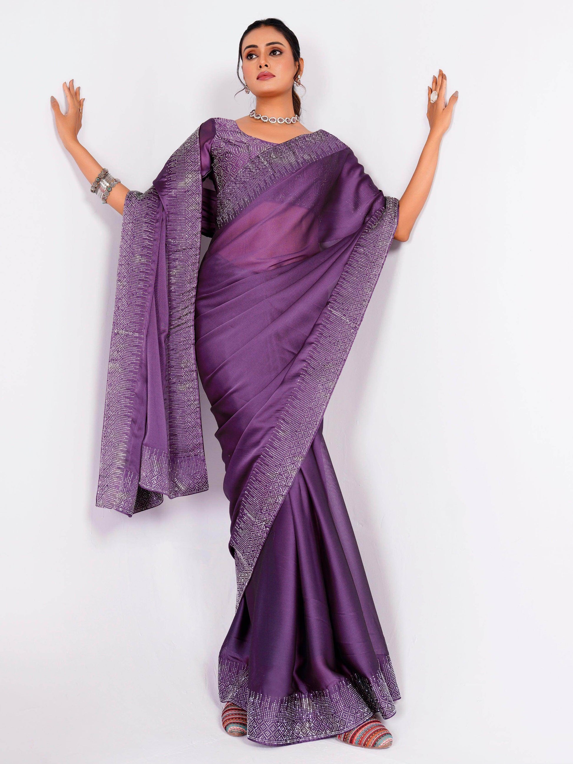 Alluring Purple Stone Work Rangoli Silk Party Wear Saree With Blouse - Zeel Clothing