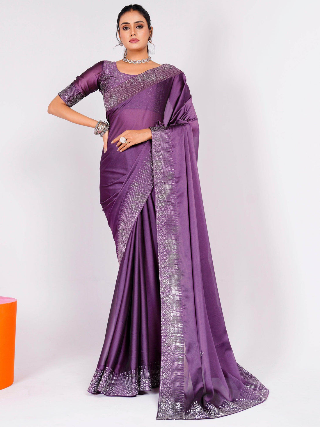 Alluring Purple Stone Work Rangoli Silk Party Wear Saree With Blouse - Zeel Clothing