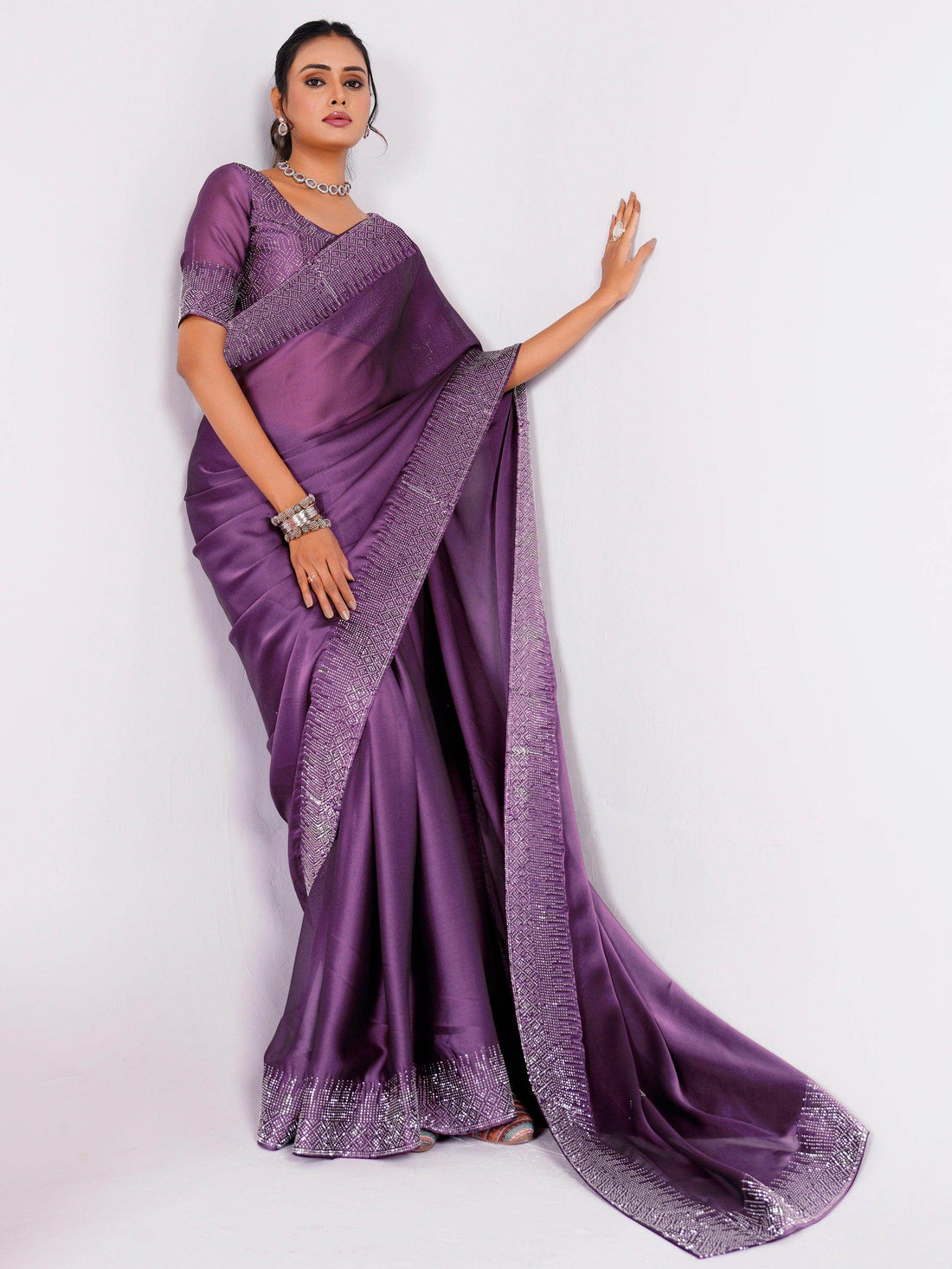 Alluring Purple Stone Work Rangoli Silk Party Wear Saree With Blouse - Zeel Clothing