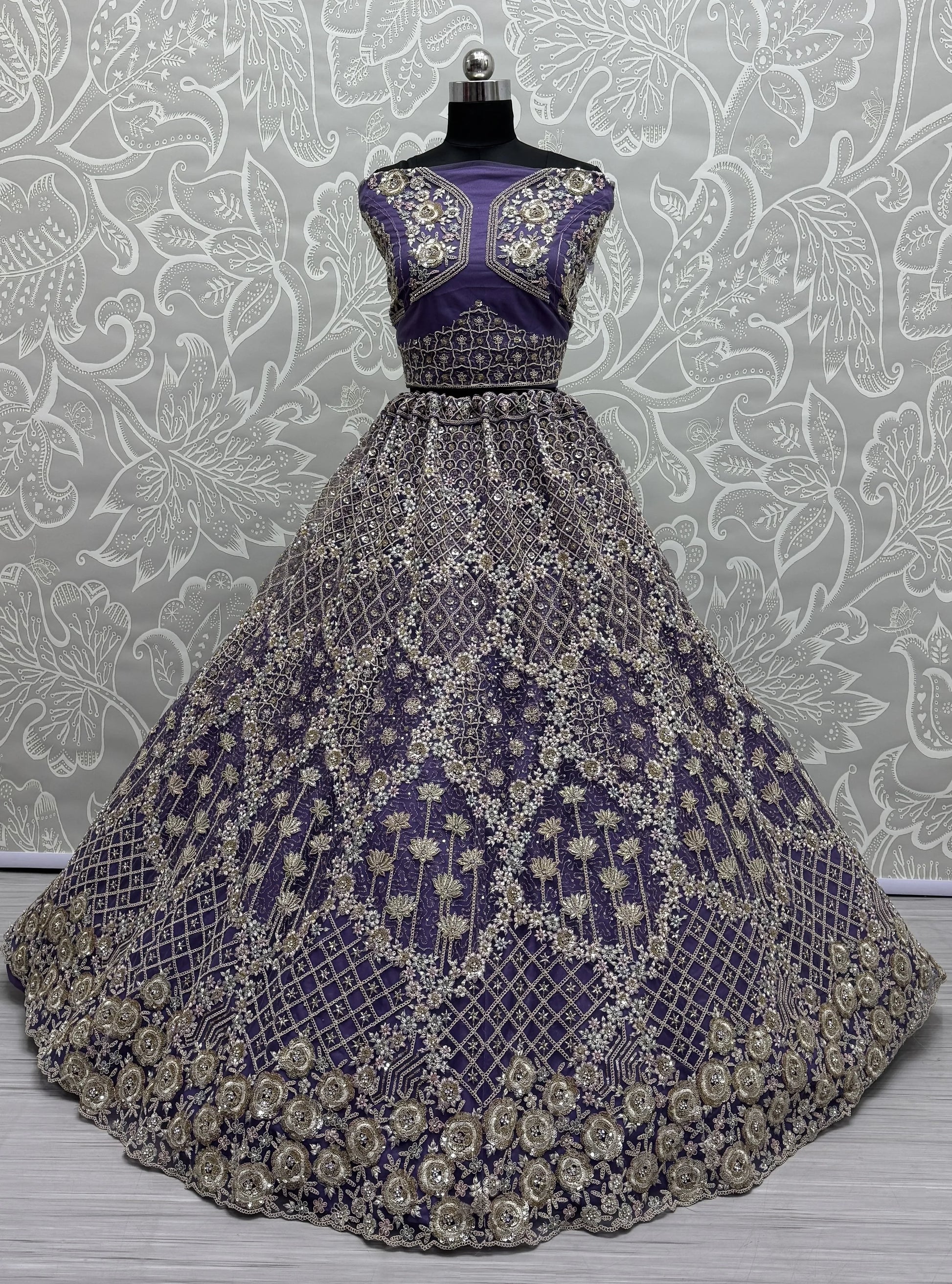 Alluring Purple Thread Embroidery Net Wedding Lehenga Choli - Zeel Clothing