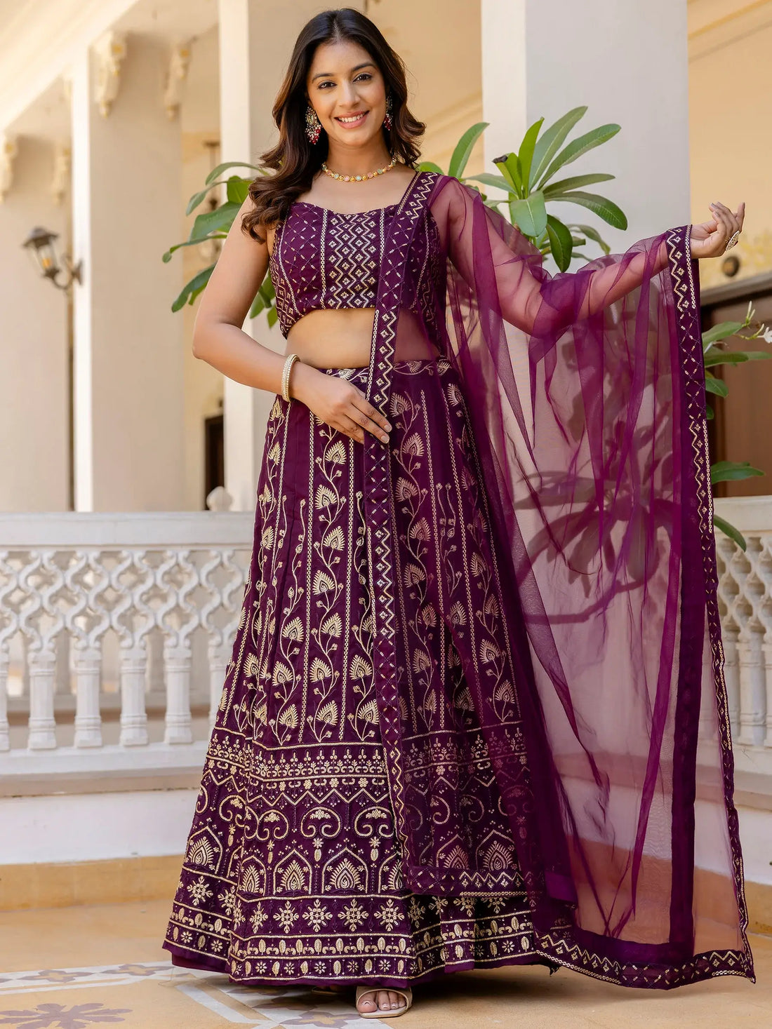 Alluring Purple Thread Work Georgette Wedding Lehenga Choli - Zeel Clothing