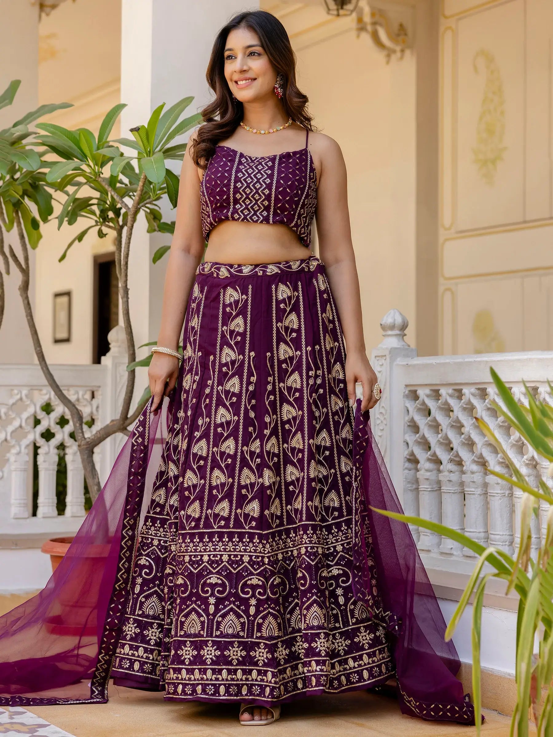 Alluring Purple Thread Work Georgette Wedding Lehenga Choli - Zeel Clothing