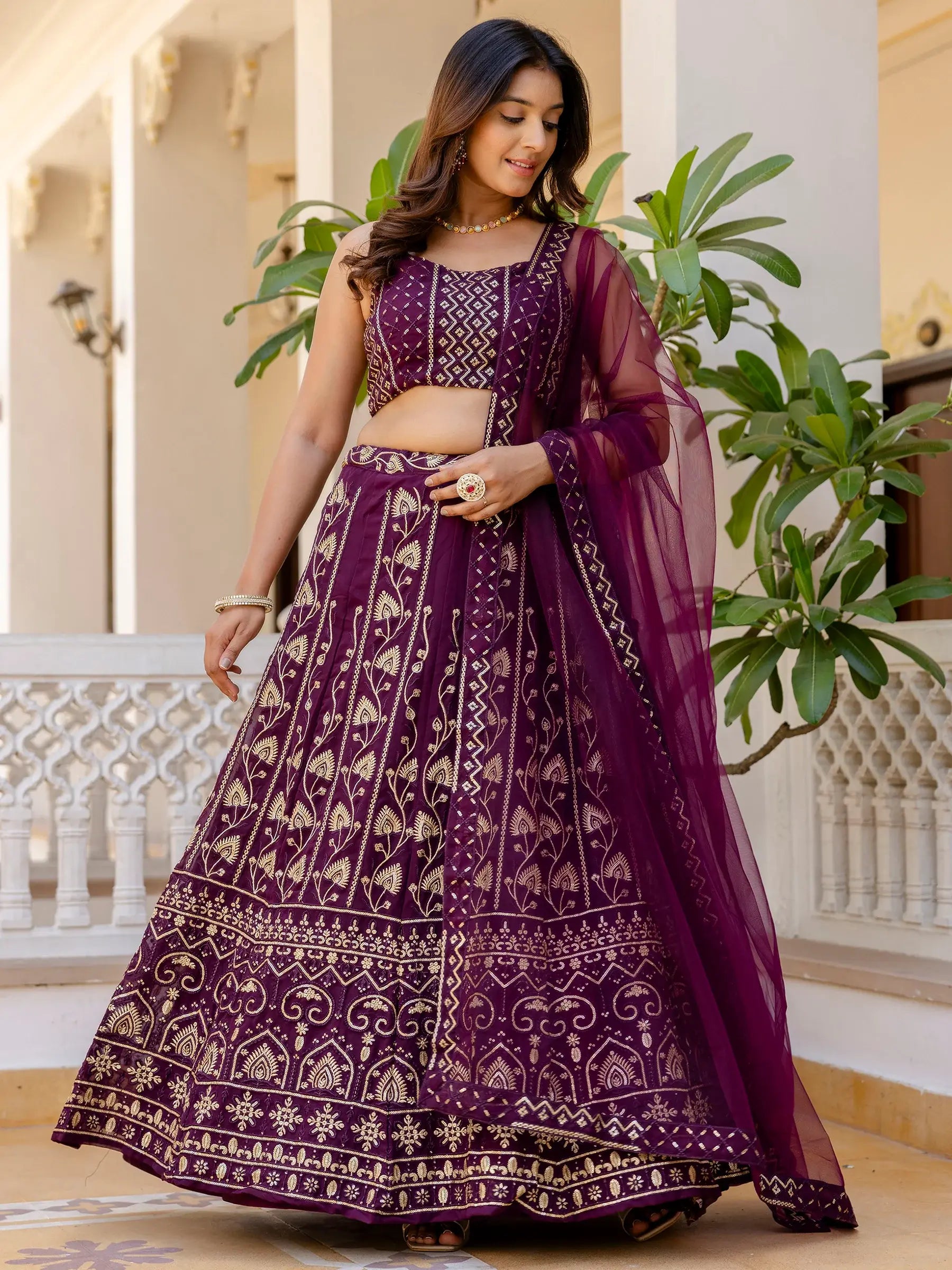Alluring Purple Thread Work Georgette Wedding Lehenga Choli - Zeel Clothing