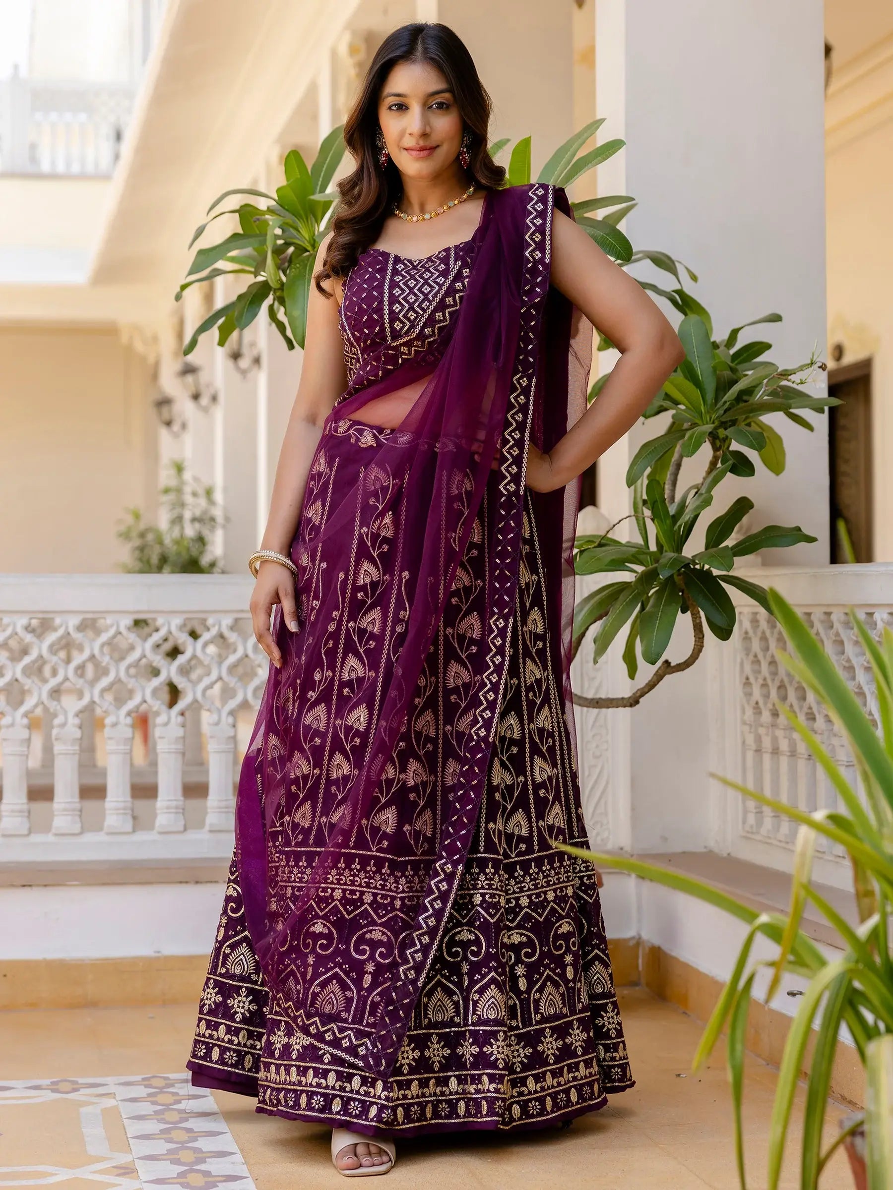 Alluring Purple Thread Work Georgette Wedding Lehenga Choli - Zeel Clothing