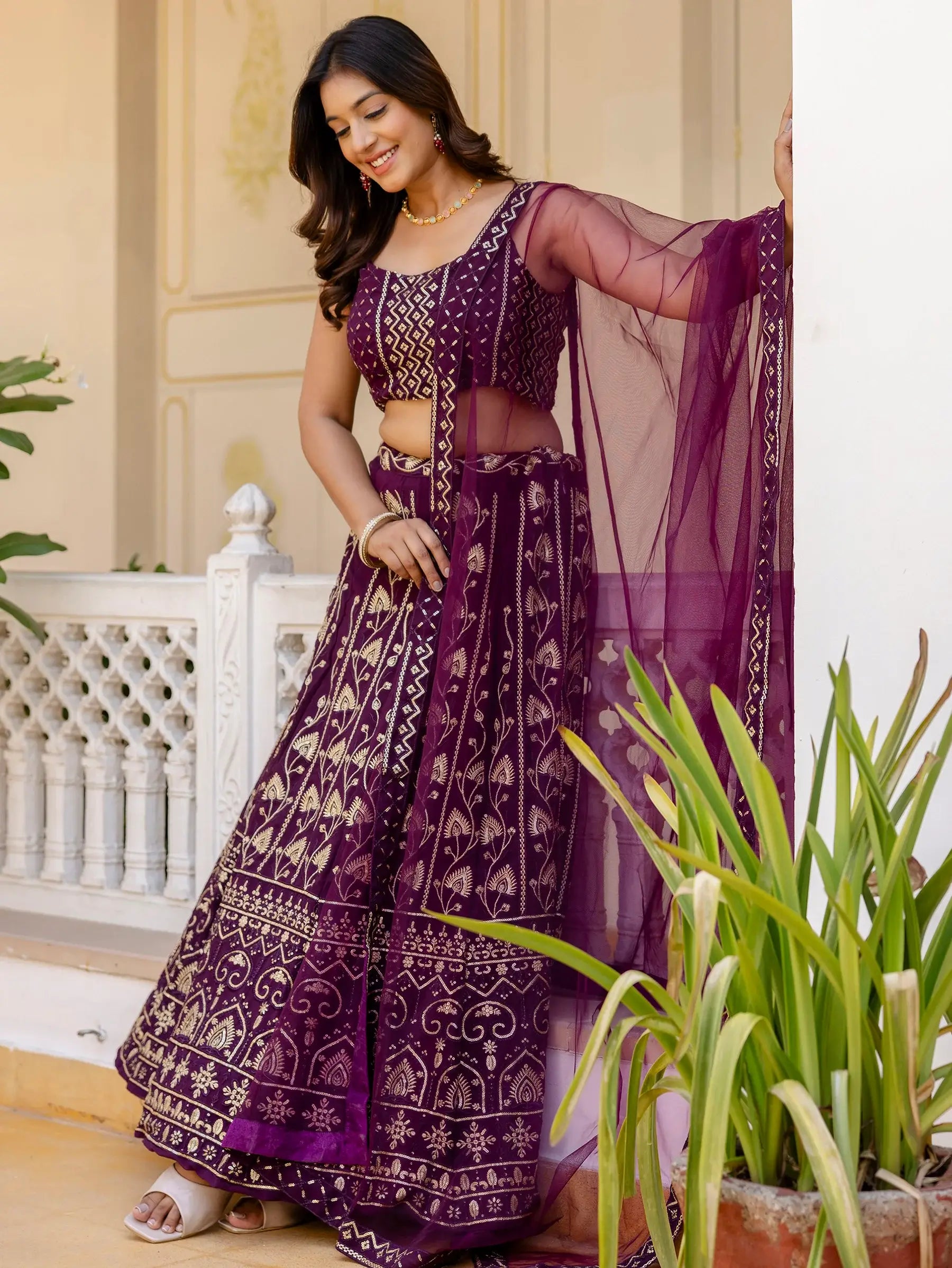 Alluring Purple Thread Work Georgette Wedding Lehenga Choli - Zeel Clothing
