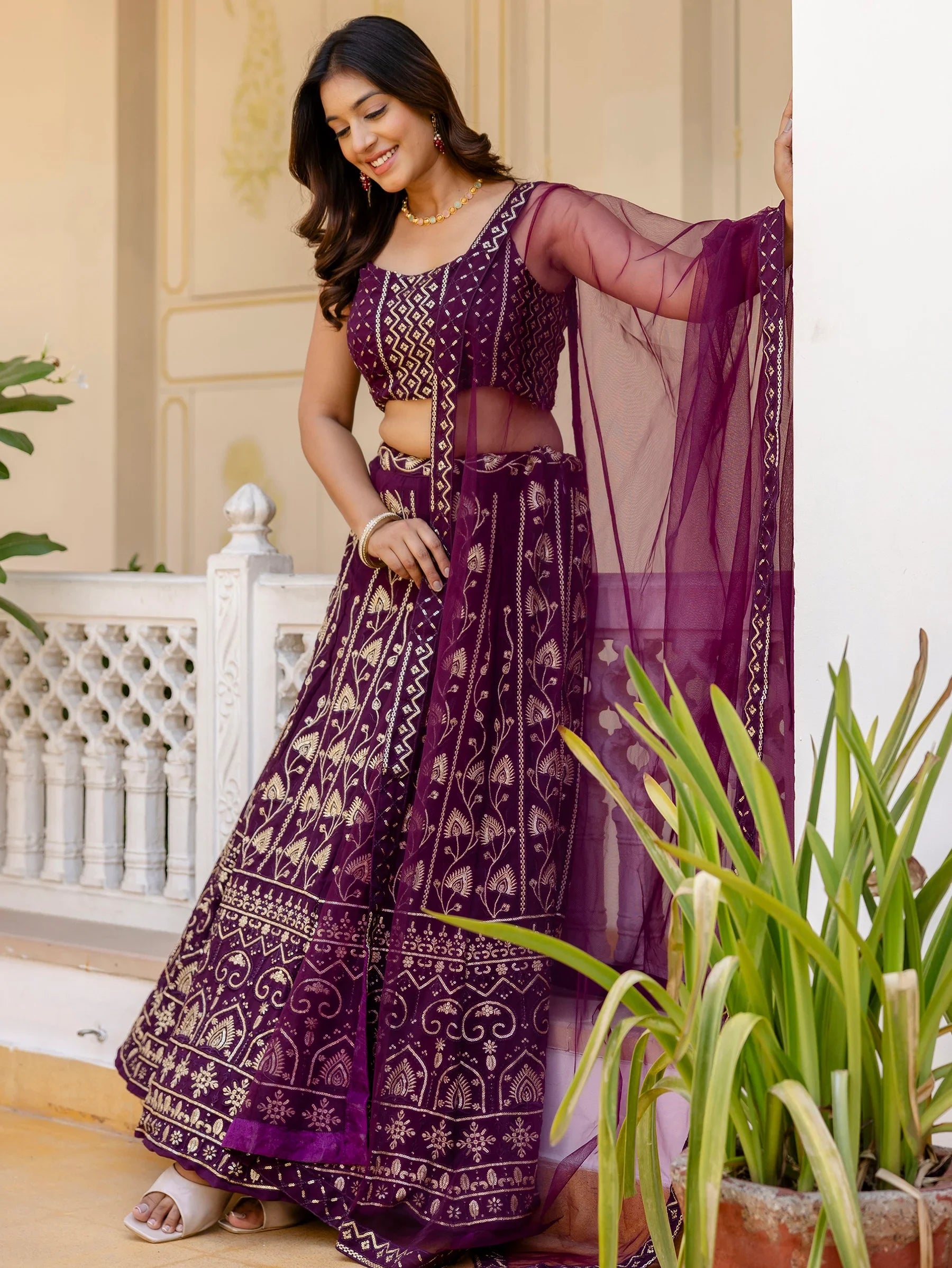 Alluring Purple Thread Work Georgette Wedding Lehenga Choli - Zeel Clothing