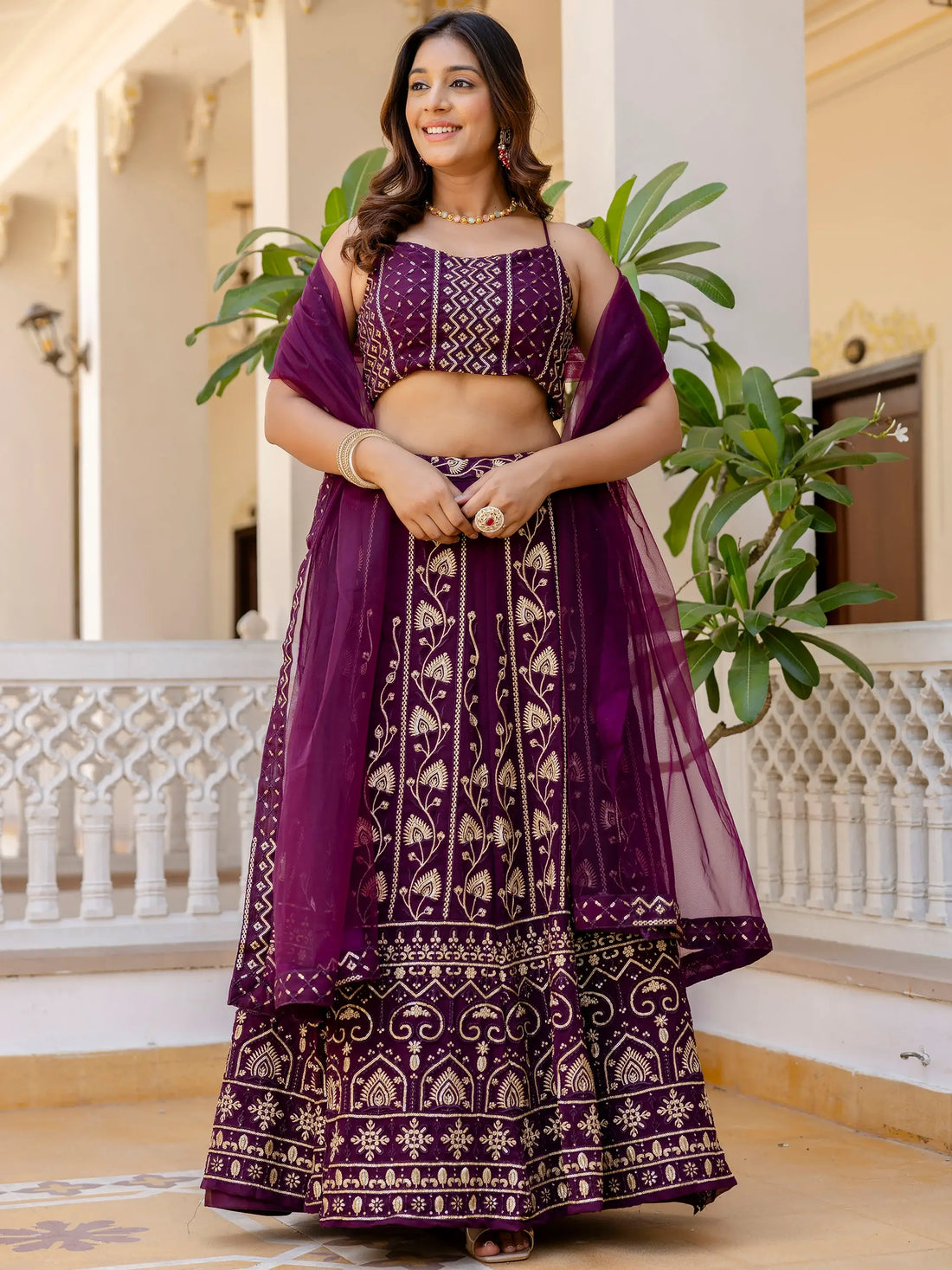 Alluring Purple Thread Work Georgette Wedding Lehenga Choli - Zeel Clothing
