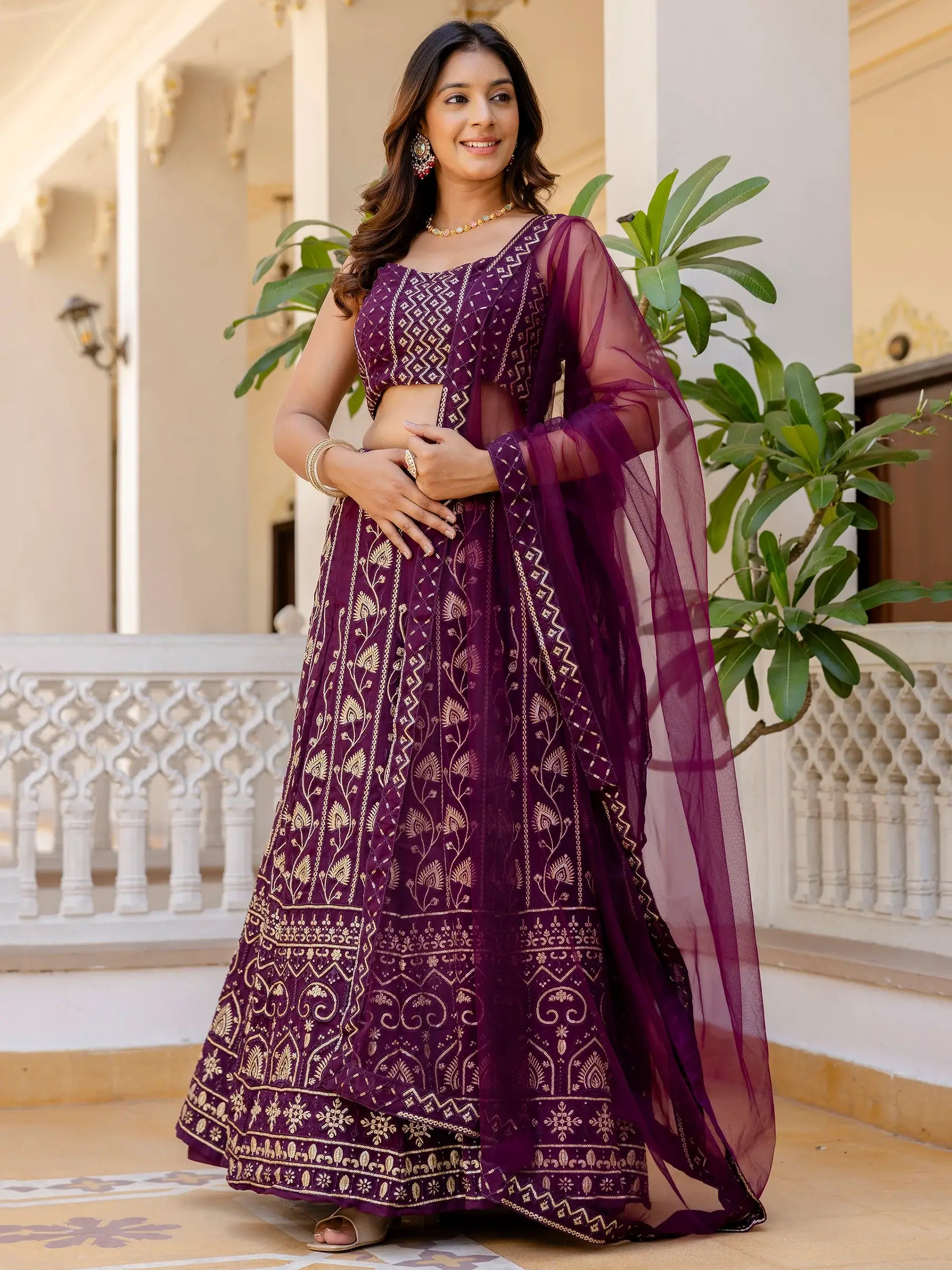 Alluring Purple Thread Work Georgette Wedding Lehenga Choli - Zeel Clothing