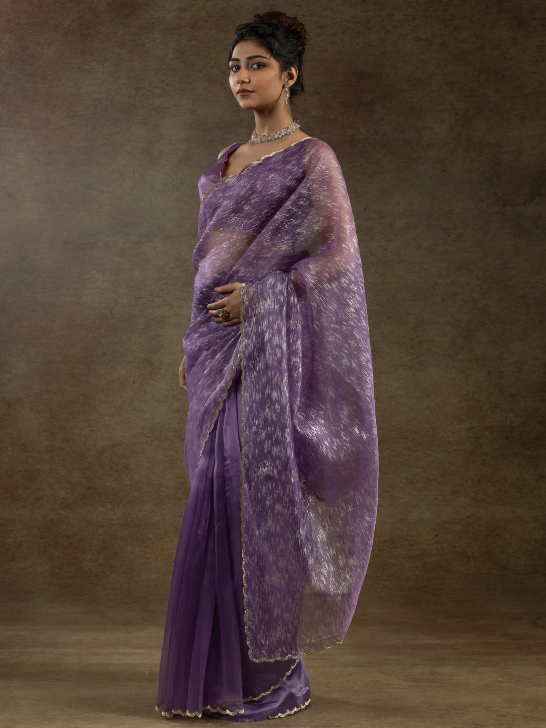 Alluring Purple Zari Weaving Organza Reception Wear Pre-Stitched Saree - Zeel Clothing