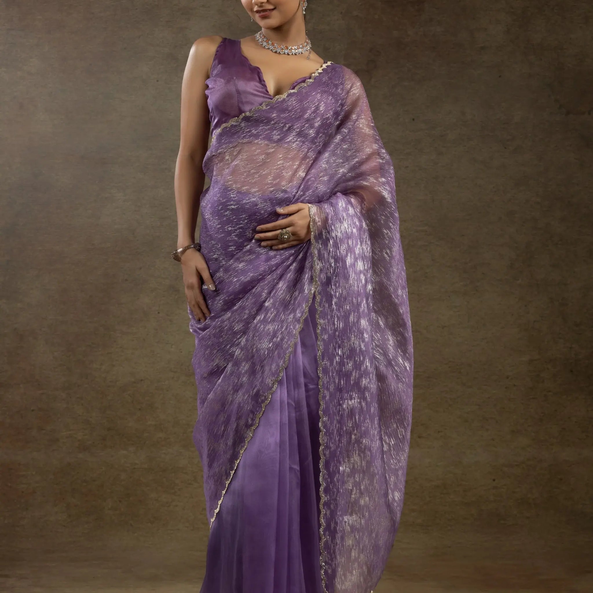 Alluring Purple Zari Weaving Organza Reception Wear Pre-Stitched Saree - Zeel Clothing