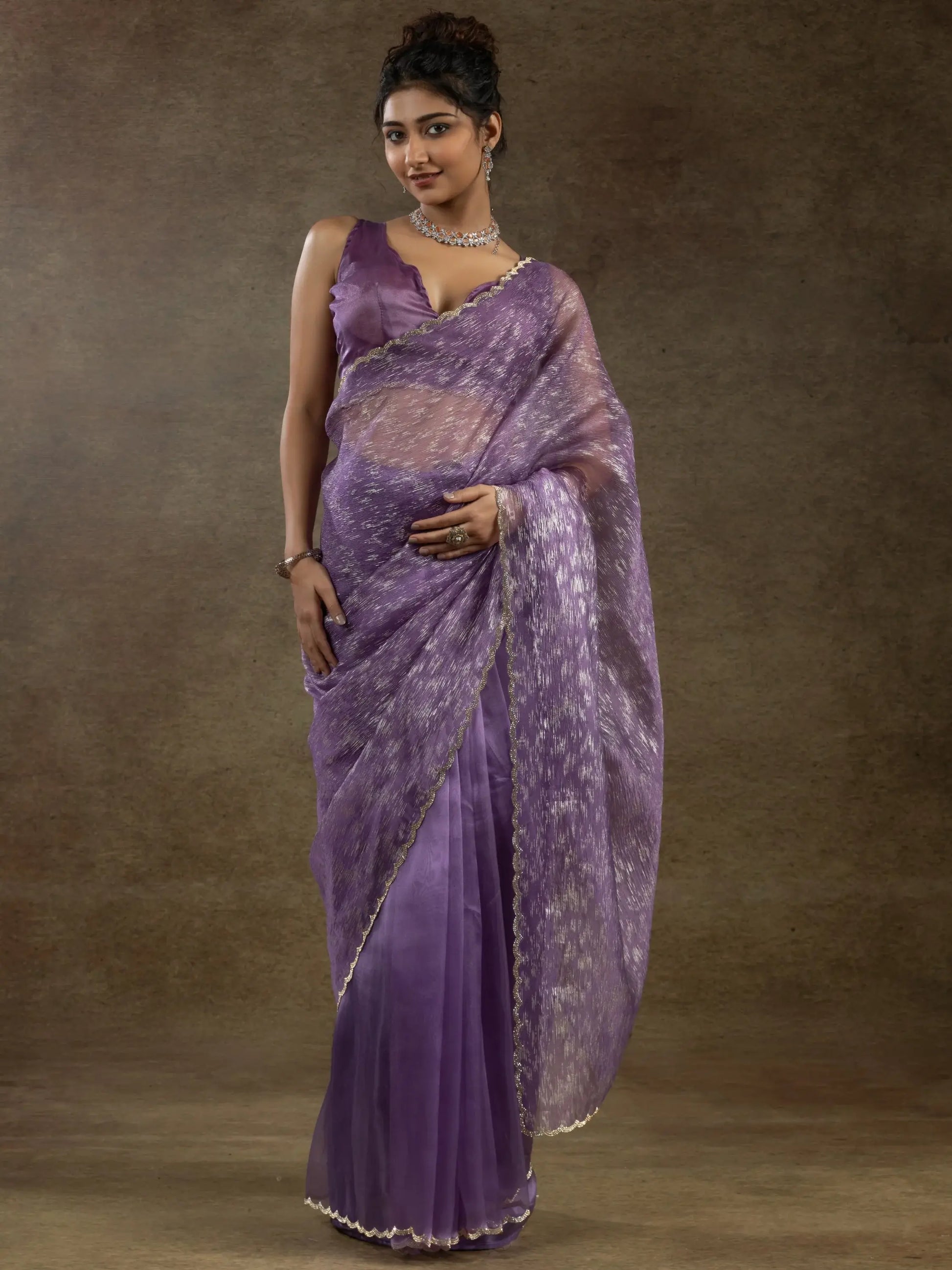 Alluring Purple Zari Weaving Organza Reception Wear Pre-Stitched Saree - Zeel Clothing