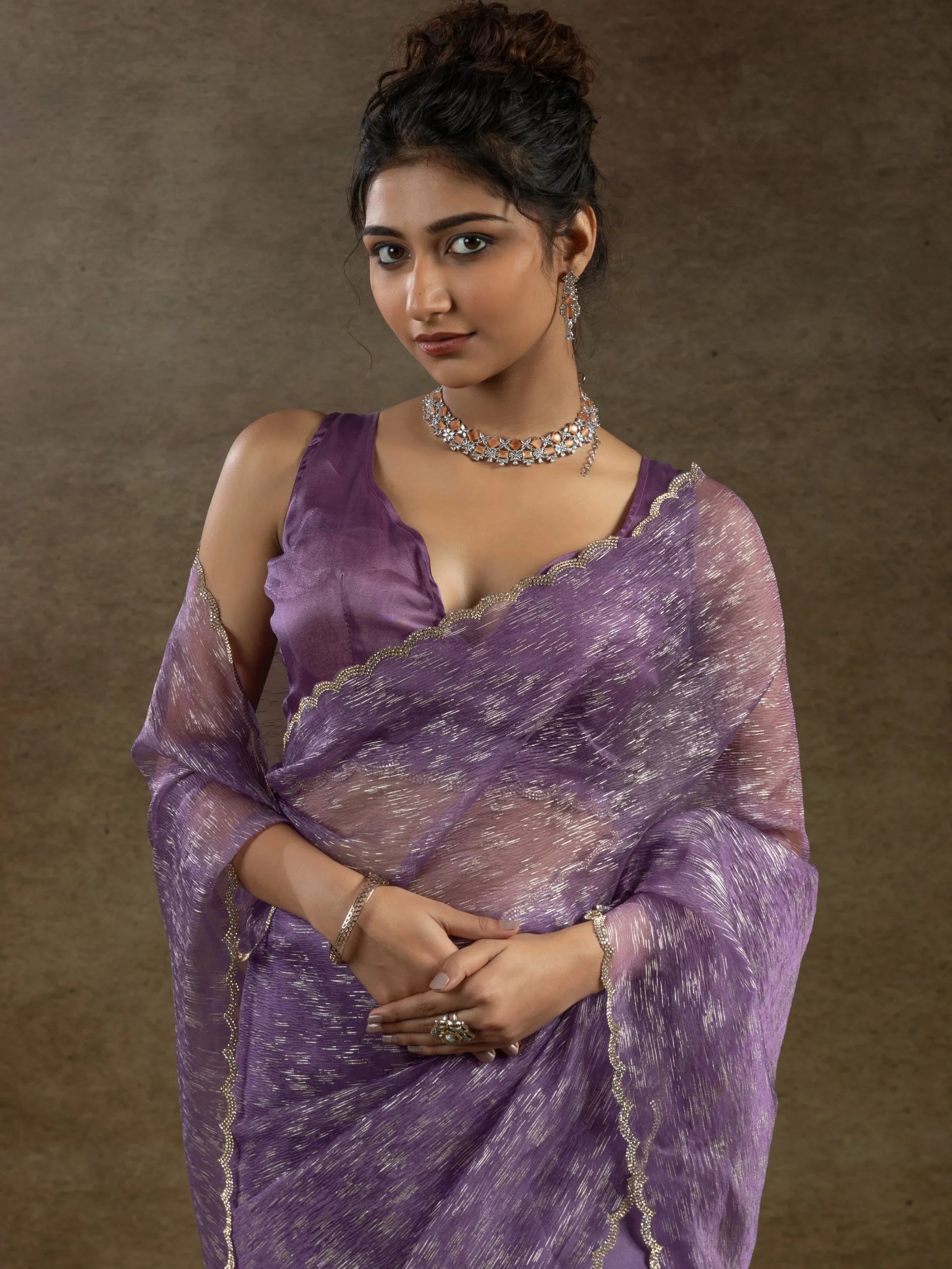 Alluring Purple Zari Weaving Organza Reception Wear Pre-Stitched Saree - Zeel Clothing