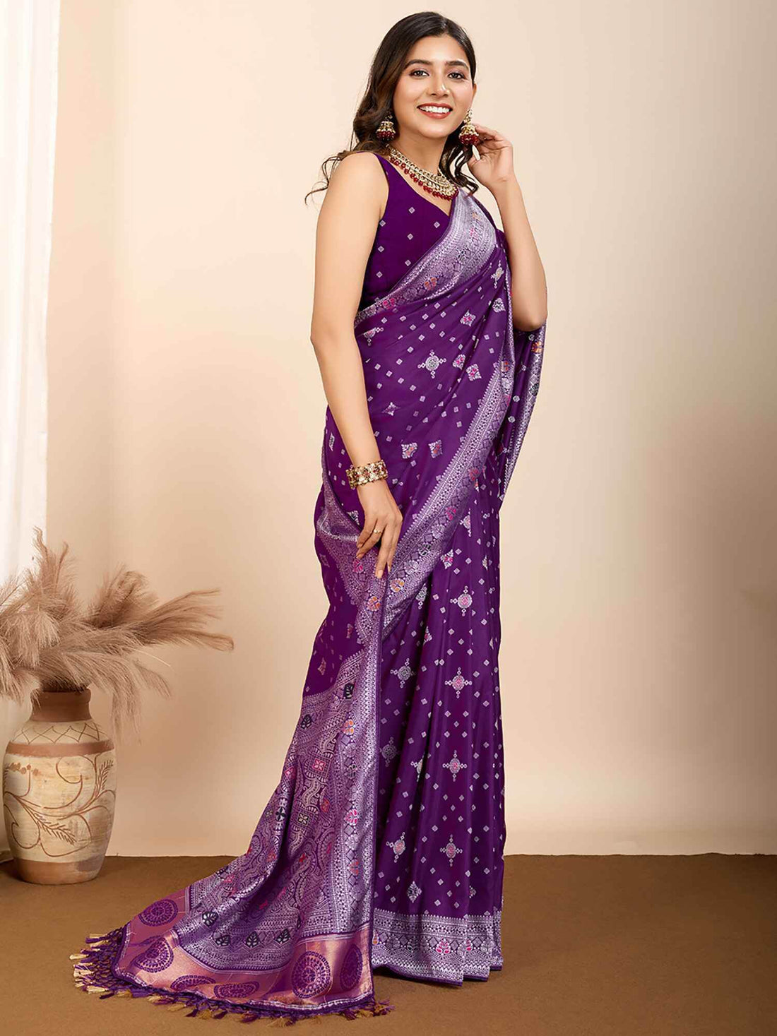Alluring Purple Zari Weaving Silk Festival Wear Saree With Blouse - Zeel Clothing
