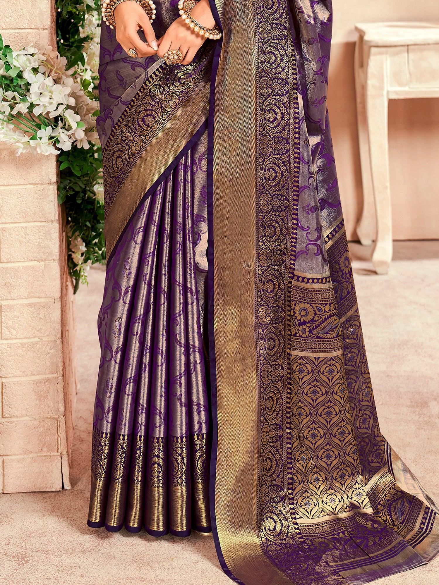 Alluring Purple Zari Weaving Silk Festival Wear Saree With Blouse