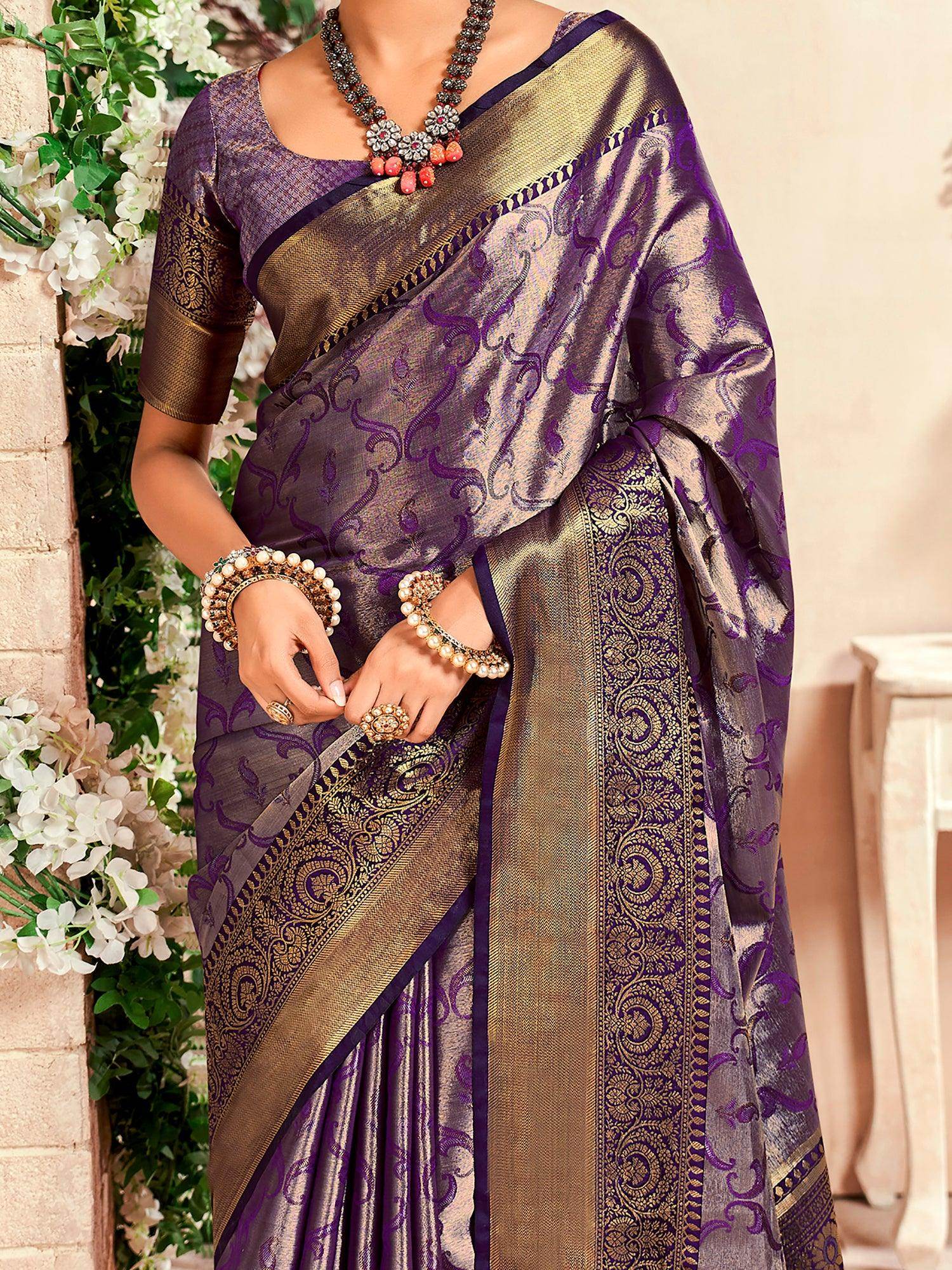 Alluring Purple Zari Weaving Silk Festival Wear Saree With Blouse - Zeel Clothing