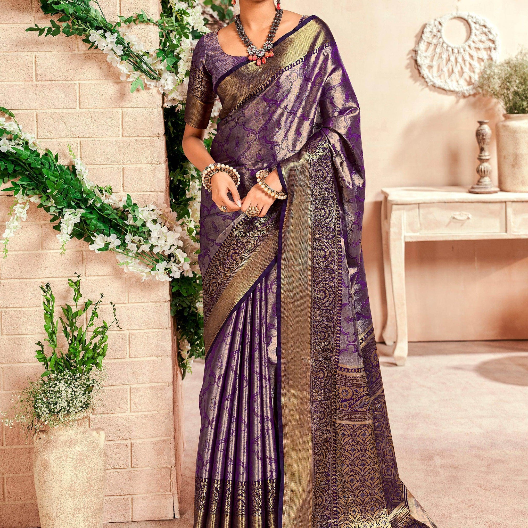 Alluring Purple Zari Weaving Silk Festival Wear Saree With Blouse - Zeel Clothing