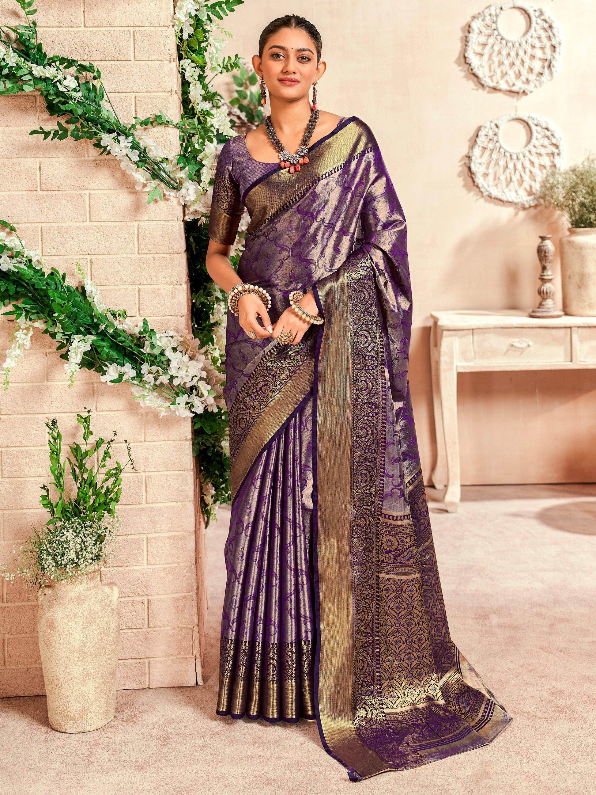 Alluring Purple Zari Weaving Silk Festival Wear Saree With Blouse - Zeel Clothing