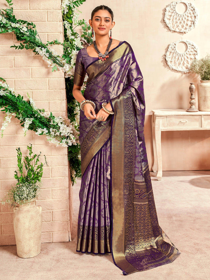 Alluring Purple Zari Weaving Silk Festival Wear Saree With Blouse - Zeel Clothing