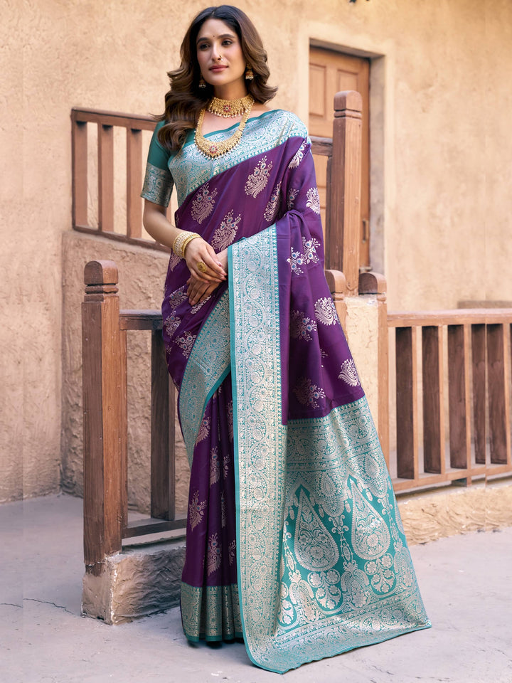 Alluring Purple Zari Weaving Silk Festive Wear Saree With Blouse - Zeel Clothing