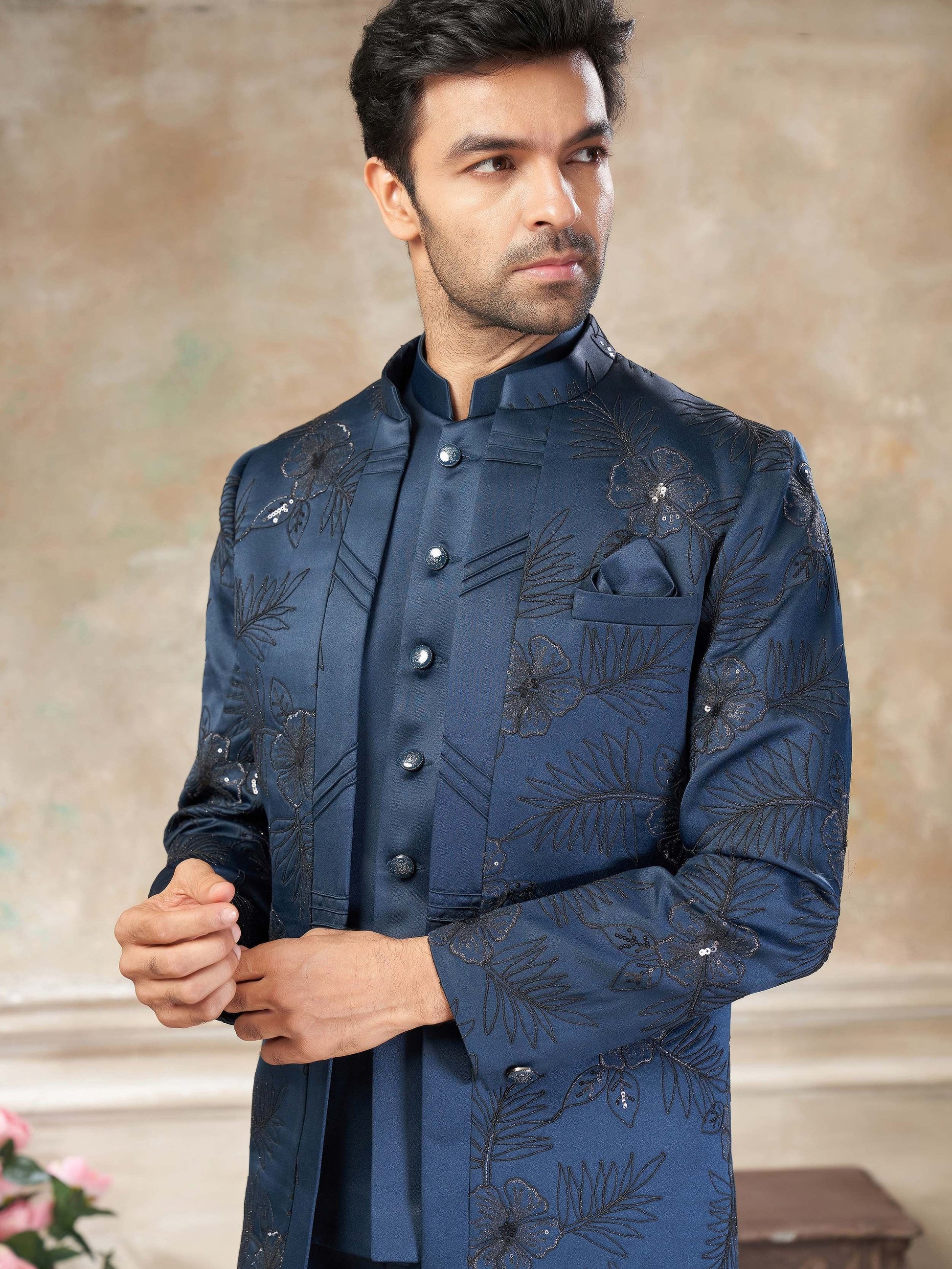 Alluring Rama Sequins Imported Party Wear Jothpuri Set For Men