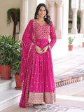 Alluring Rani Pink Zari Work Georgette Designer Gown With Dupatta